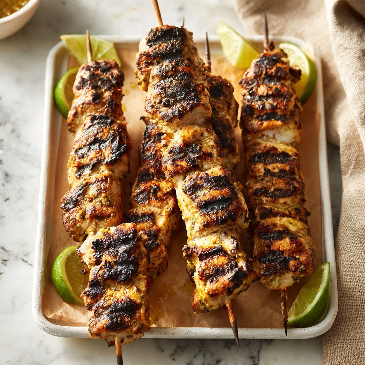 square image The image shows five grilled chicken skewers on a sheet of brown paper over a white tray placed on a white marbled surface. Each skewer has dark brown grilled marks with some parts in golden brown, showing a slightly charred texture. Lime wedges are placed around the edges of the tray, adding a bright green color contrast. The skewers are arranged closely together, some overlapping slightly. The background includes a beige cloth on the right side and a small white bowl with sauce in the top left corner. Photo taken with an iphone --ar 4:5 --v 7