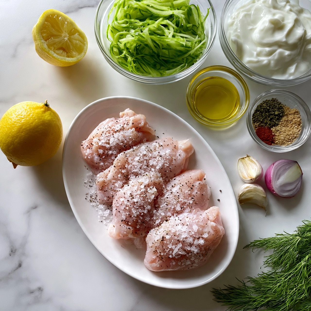 square image A white oval plate holds five pieces of raw pale pink chicken seasoned with coarse salt and black pepper. To the top left of the plate, there is a whole lemon and a half lemon, both yellow and fresh. Above the plate, a clear glass bowl contains bright green, thinly shredded cucumber. To the right of this bowl, another clear bowl holds a creamy white yogurt texture. Below the yogurt bowl, a small clear bowl contains golden yellow olive oil. Next to it, another small clear bowl is filled with a mix of dry spices: dark green herbs, reddish paprika, and light brown seasoning. Near these bowls, there are two peeled garlic cloves and one unpeeled garlic piece, along with a half purple shallot. Fresh green dill sprigs lie at the bottom right corner on a white marbled surface. photo taken with an iphone --ar 4:5 --v 7