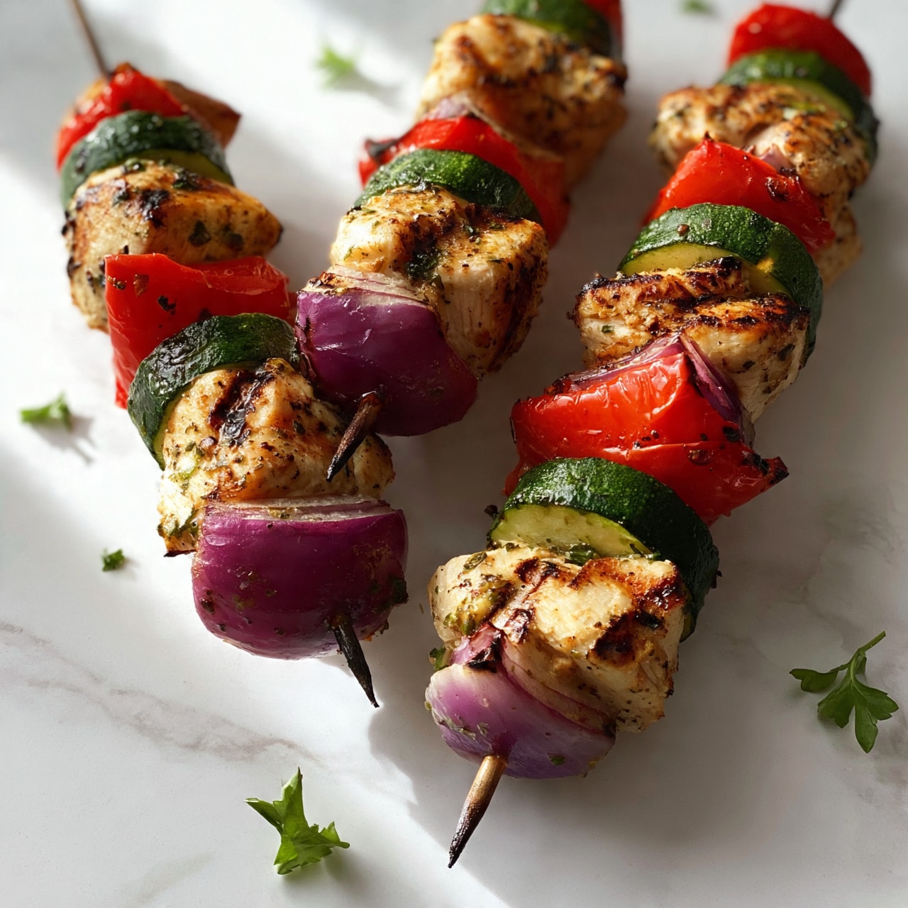 square image The image shows four grilled chicken and vegetable skewers placed on a white marbled surface. Each skewer has layers starting with purple onion chunks, followed by beige grilled chicken pieces, then bright red bell peppers, green zucchini slices, and more chicken, arranged in a repeating pattern. The vegetables and chicken have visible grill marks and a slightly charred texture. Small green herb sprigs, likely parsley, are scattered around the skewers, adding fresh color to the scene. The lighting is bright, enhancing the natural colors and textures of the food. photo taken with an iphone --ar 4:5 --v 7