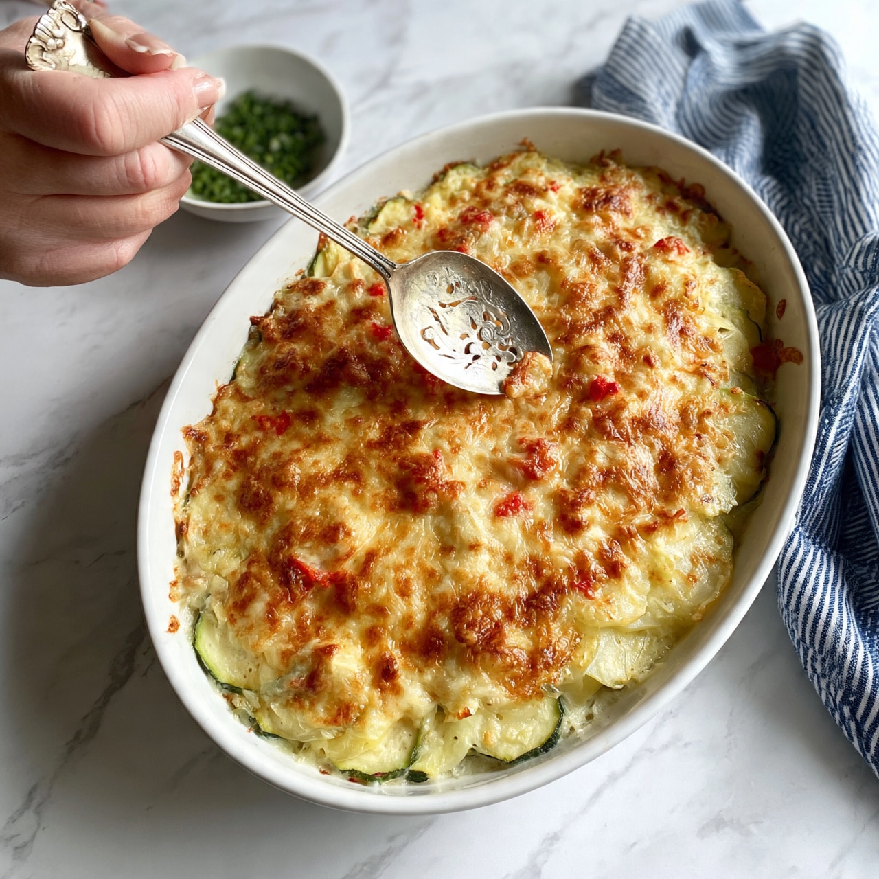 square image The image shows a white oval baking dish on a white marbled surface, filled with a layered baked dish. The bottom layer has slices of light green zucchini, topped by a layer of sliced light yellow potatoes. On top, there is a thick layer of melted golden brown cheese with small red pieces scattered across it. A woman's hand is holding a silver serving spoon with decorative holes, about to serve the dish. Next to the dish, there is a small white bowl with chopped green herbs and a folded blue and white striped cloth. Photo taken with an iphone --ar 4:5 --v 7