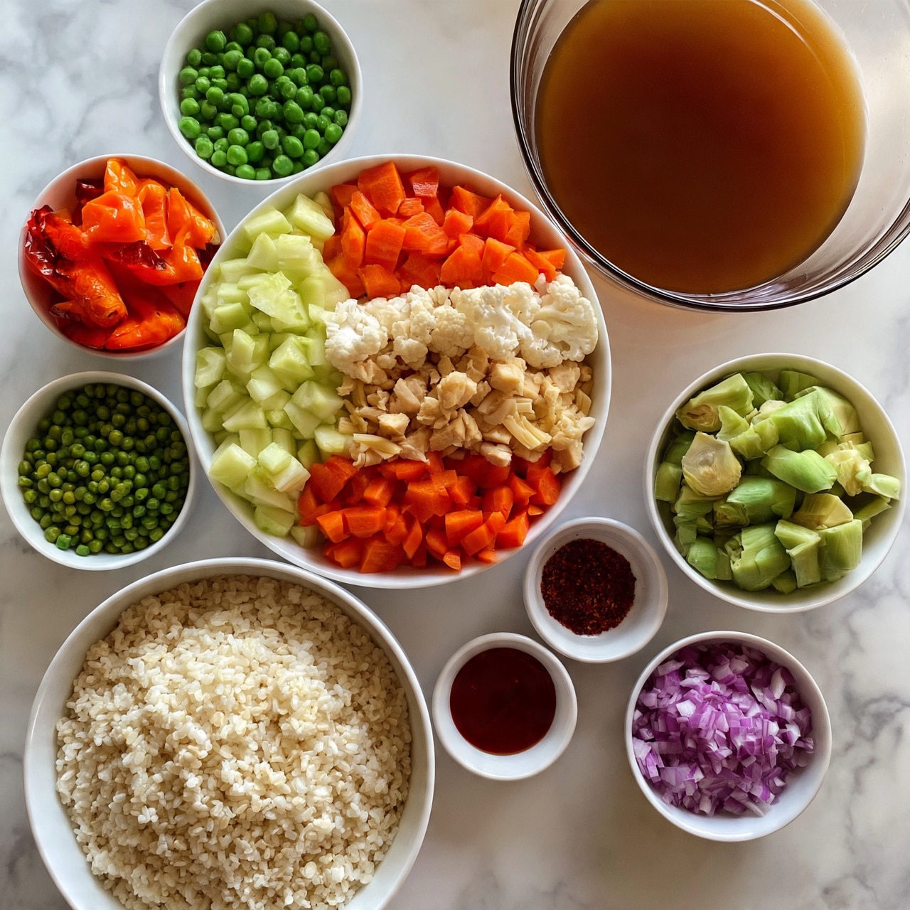 square image The image shows a white marbled surface with several white bowls and small white plates arranged neatly. One large white bowl filled with uncooked white rice is at the bottom left. Above it, a white bowl contains chopped ingredients arranged in layers: light green pieces (likely zucchini or cucumber), bright orange carrots, white cauliflower, beige cooked chicken pieces, and some pale pasta or grains. To the right of this bowl is a large glass bowl of brown broth. Surrounding these are smaller white bowls holding green peas, bright orange-red roasted red peppers, green artichoke hearts, and finely chopped purple onions. Two small white dishes contain dark red spices and sauces. The colors are bright and fresh with clear textures for each ingredient. photo taken with an iphone --ar 4:5 --v 7