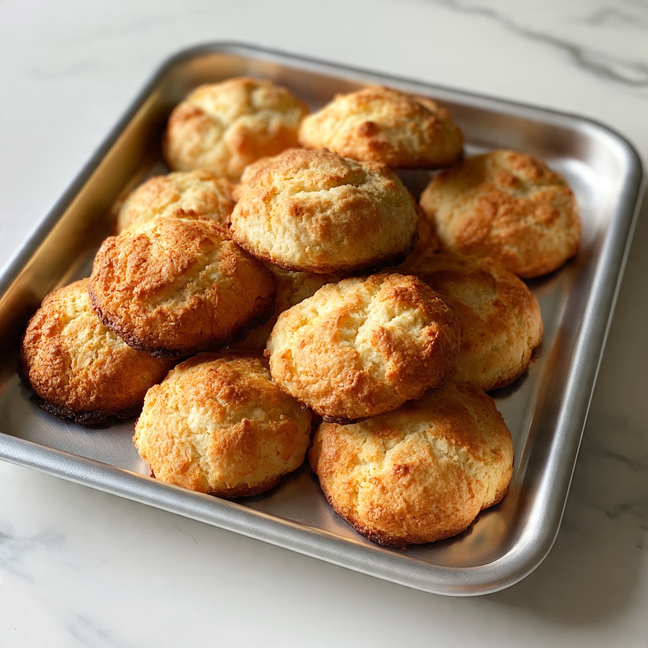 square image The image shows a silver baking tray filled with about ten round, golden-brown cookies. The cookies have a slightly cracked surface with a soft, textured look and they are slightly overlapping each other in a neat pile. The tray is placed on a white marbled surface, which adds a clean and simple background. The cookies have a warm, baked tone with some darker edges showing slight crispiness. photo taken with an iphone --ar 4:5 --v 7