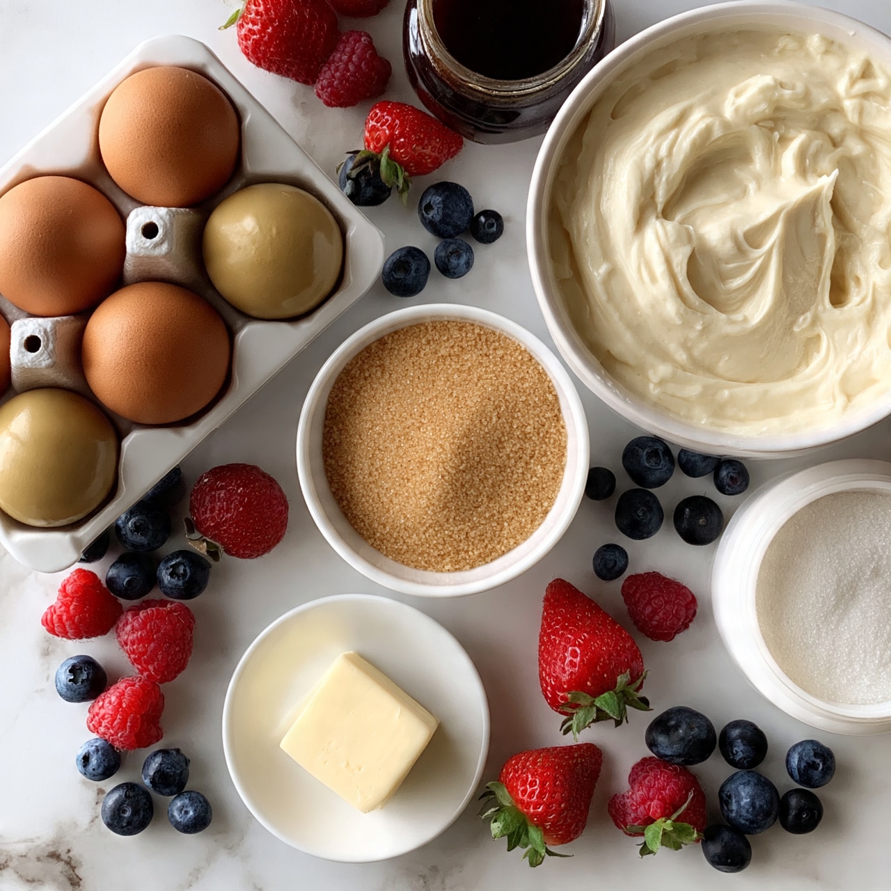 square image The image shows baking ingredients neatly arranged on a white marbled surface. There is a white carton holding three brown eggs, some whole and some with olives next to them. A white bowl filled with smooth, creamy white batter is placed near the top right. A small white plate with light yellow butter sits in the lower center, and a larger white bowl containing light brown sugar lies near the middle. Other ingredients include a jar of dark syrup and a white container of white sugar. Fresh strawberries, blueberries, and raspberries are scattered around the items, adding vibrant red and blue colors. photo taken with an iphone --ar 4:5 --v 7