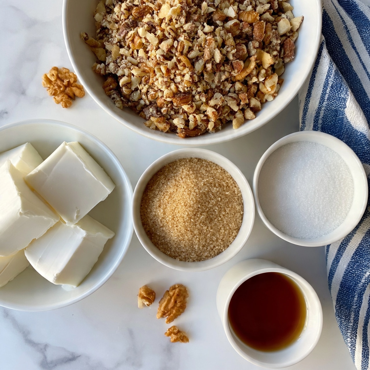 square image The image shows five white bowls and a small white cup arranged on a white marbled surface. The largest bowl at the top contains a mix of chopped nuts with a rough, uneven texture. Below it, a medium bowl holds light brown sugar with a grainy look, and next to it, there is a smaller bowl filled with white sugar, smooth and powdery. To the left, a white bowl has four solid white blocks of butter with a creamy and soft appearance. Lastly, a small white cup at the bottom right contains a dark amber liquid with a smooth texture. A few whole nuts are scattered around the bowls, and a blue and white striped cloth lies on the right side. photo taken with an iphone --ar 4:5 --v 7