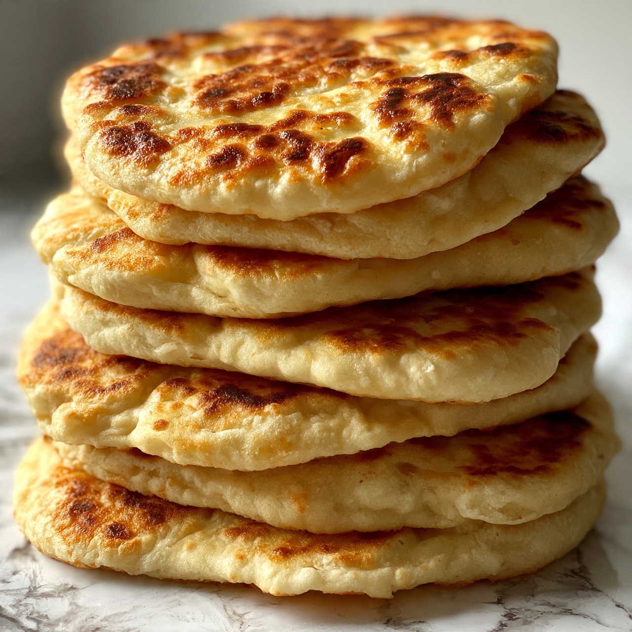 square image A stack of six round flatbreads, each with a golden-brown top showing light and dark toasted spots, layered closely on top of each other. The flatbreads have a slightly fluffy and soft texture with uneven edges, and the stack rests on a surface with a white marbled texture. The lighting highlights the warm tones of the bread layers, giving them a fresh baked look. photo taken with an iphone --ar 4:5 --v 7