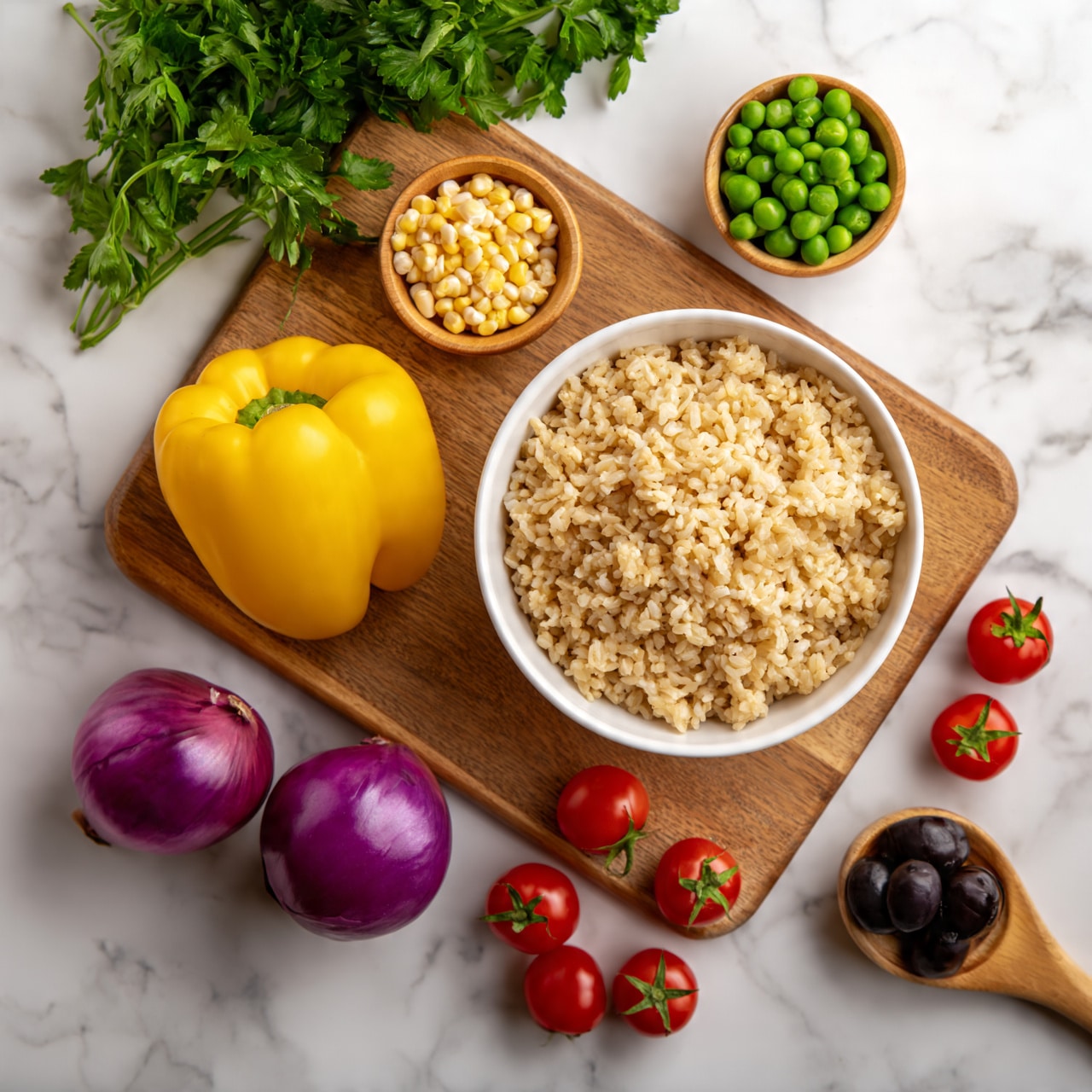 square image A white bowl filled with cooked brown rice sits on a white marbled surface, surrounded by fresh ingredients arranged on a wooden cutting board. On the board, there are two red onions with smooth skin near the bottom left, a bright yellow bell pepper placed near the center-left, and a small wooden bowl filled with small yellow corn kernels on top center. Another small wooden bowl near the top right holds green peas. Fresh red cherry tomatoes with green stems are scattered near the bottom center and right. A small wooden spoon holds black olives placed near the bottom right corner. Fresh green parsley leaves lay above the board on the white marbled surface. The lighting is soft and natural, giving a fresh and clean look. Photo taken with an iphone --ar 4:5 --v 7