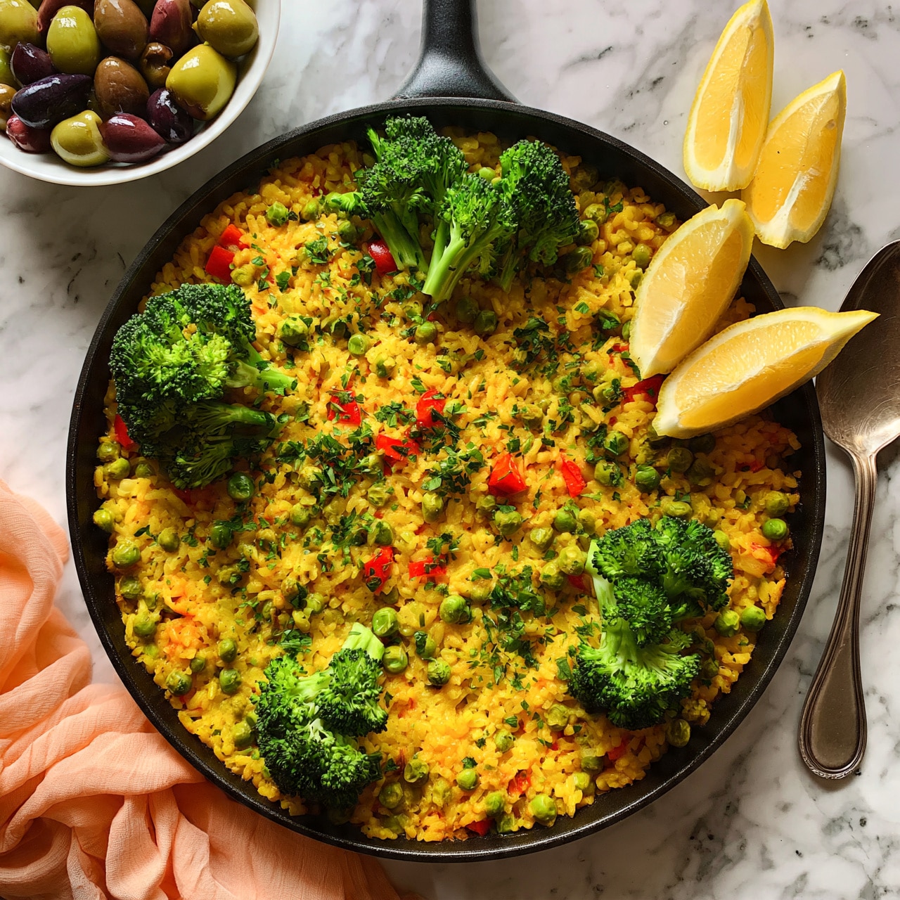 square image The image shows a black pan filled with vibrant vegetable paella. The base layer is yellow rice mixed with green peas and small pieces of red bell pepper scattered evenly. On top, there are bright green broccoli florets placed around the pan along with chopped parsley sprinkled throughout. On the right side, three lemon wedges stand upright adding a fresh yellow contrast. The pan sits on a white marbled surface, with a white bowl of mixed green and dark purple olives in the top left corner. A silver spoon is placed on the right side of the pan, and a peach-colored cloth is softly draped near the bottom left corner. Photo taken with an iphone --ar 4:5 --v 7