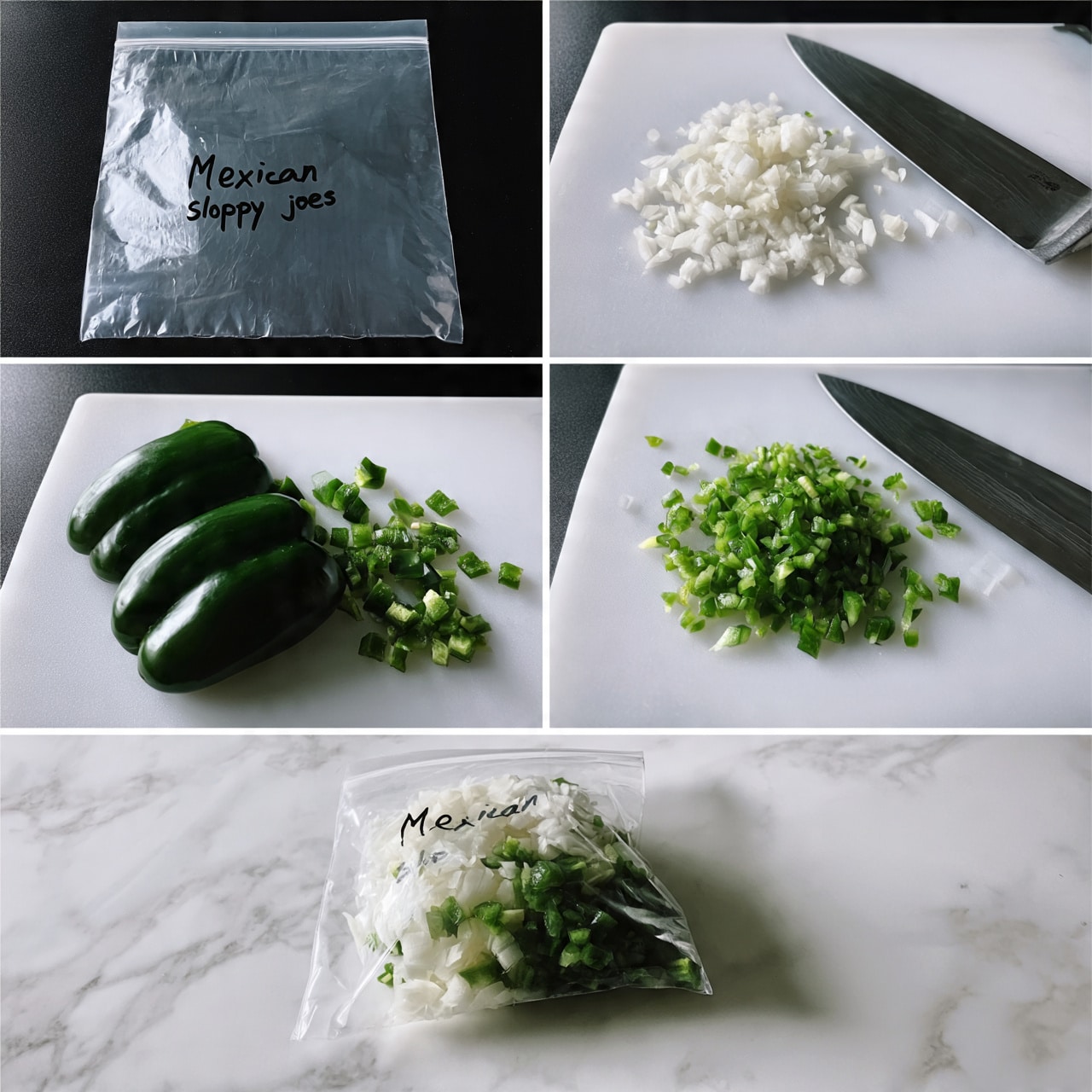 square image The image has five parts showing chopped vegetables and a plastic bag labeled