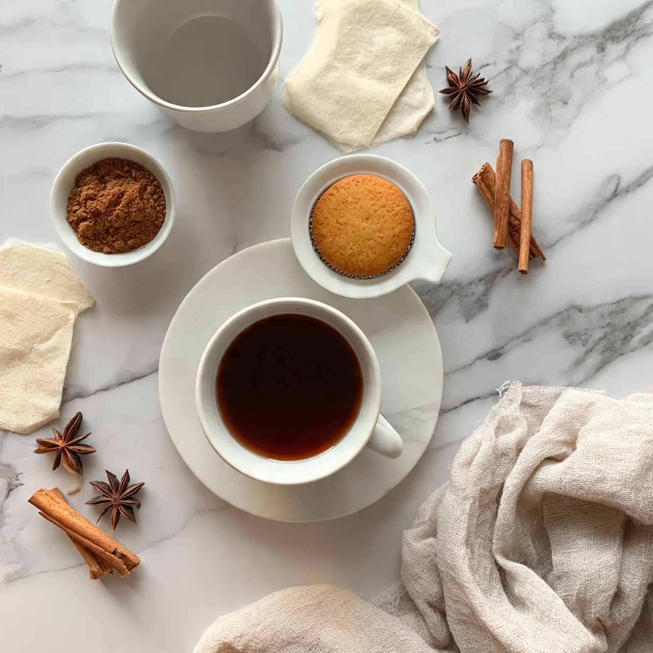 square image A white cup filled with dark brown tea sits in the center on a white marbled surface, with a round golden biscuit resting on a small white strainer above the cup. To the top left is an empty white cup, and next to it is a small white bowl filled with brown powder. Around the cups, there are off-white tea bags, star anise, and cinnamon sticks scattered gently on the white marbled background. A soft, light beige cloth lies casually near the bottom right corner. photo taken with an iphone --ar 4:5 --v 7
