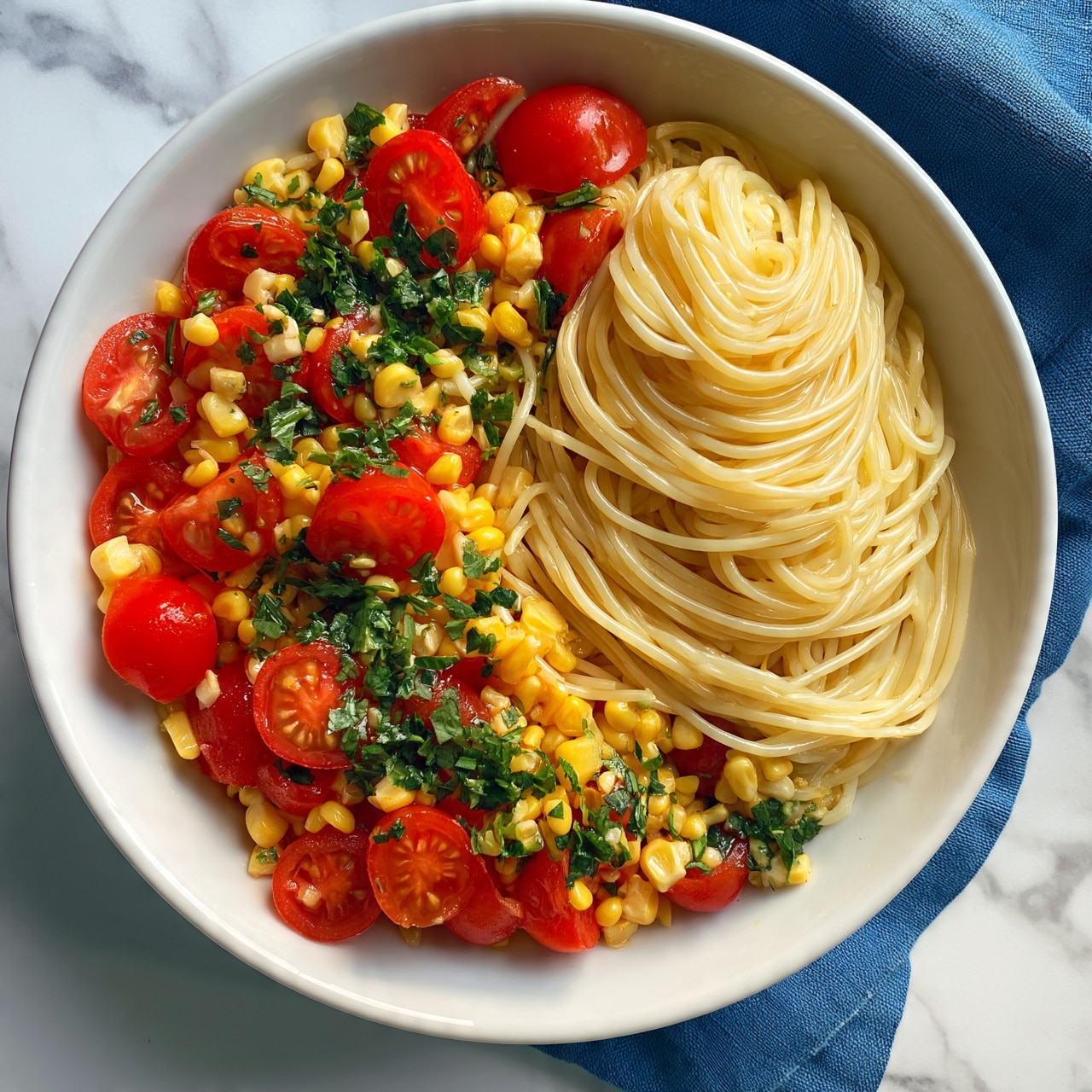 square image A white bowl filled with a colorful spaghetti dish sits on a folded blue cloth on a white marbled surface. The spaghetti is arranged in a neat mound on the right side of the bowl, with a smooth, glossy pale yellow color. Surrounding the pasta are bright red sliced cherry tomatoes, small yellow corn kernels, and chopped green herbs evenly scattered around. The ingredients create a fresh and vibrant look with different textures—soft pasta, juicy tomatoes, and crunchy corn. Photo taken with an iphone --ar 4:5 --v 7