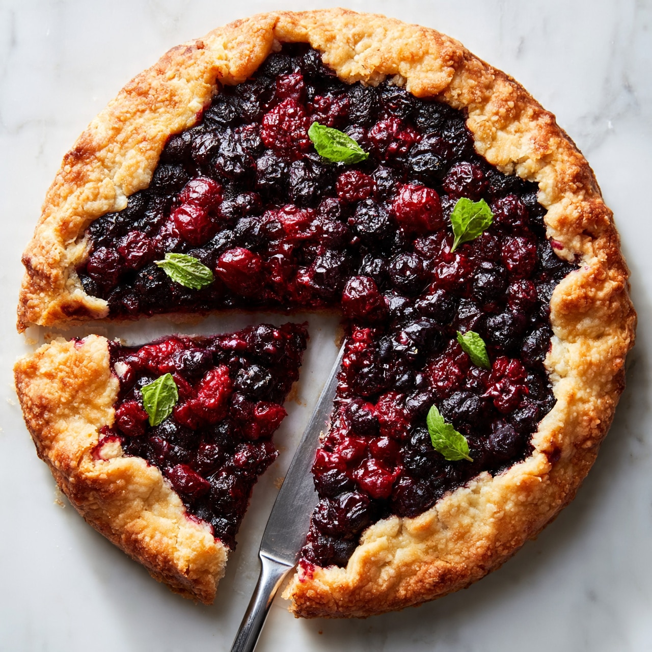 square image A round berry galette with a golden crust and slightly uneven, rustic edges is placed on a white marbled surface. The top layer is filled with a mix of dark purple and deep red berries, some bursting and glossy, with a few small green mint leaves scattered evenly on top. One slice is slightly separated from the main galette, and a silver knife rests between the slice and the rest of the galette. The crust has a slightly rough texture with light browning along the edges. photo taken with an iphone --ar 4:5 --v 7