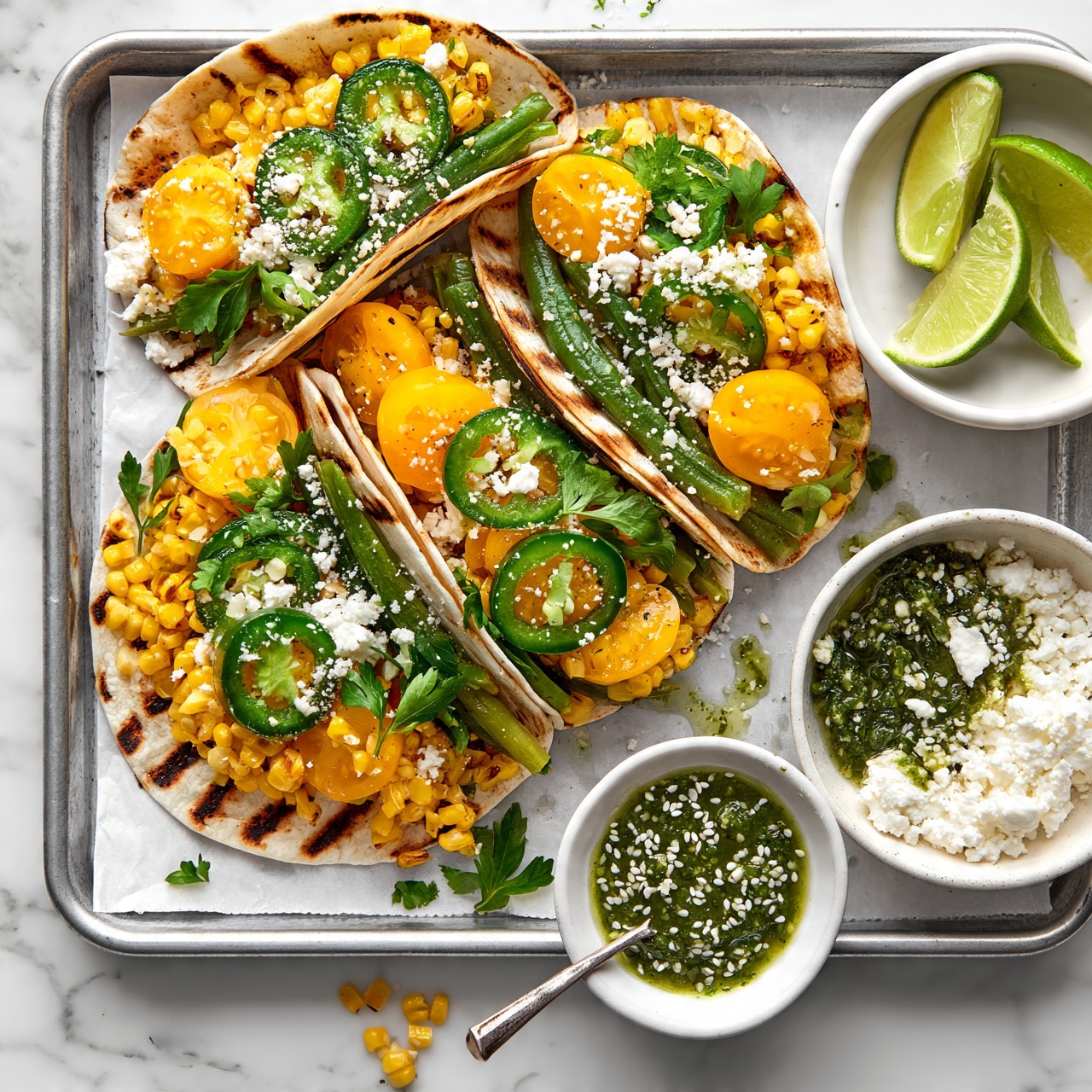 square image Three tacos are on a white parchment-lined metal tray over a white marbled surface. Each taco has a grilled tortilla base folded around layers of yellow grilled corn kernels, green sliced jalapenos, white crumbly cheese, bright yellow cherry tomato halves, fresh green parsley leaves, and steamed green beans, creating a vibrant mix of colors and textures. On the right side of the tray, there is a white round bowl with three lime wedges. Below the tacos, there are two small white bowls, one filled with green salsa containing white sesame seeds and a spoon, and the other with more white crumbly cheese. Some corn and herbs are scattered on the parchment for a casual look. Photo taken with an iphone --ar 4:5 --v 7