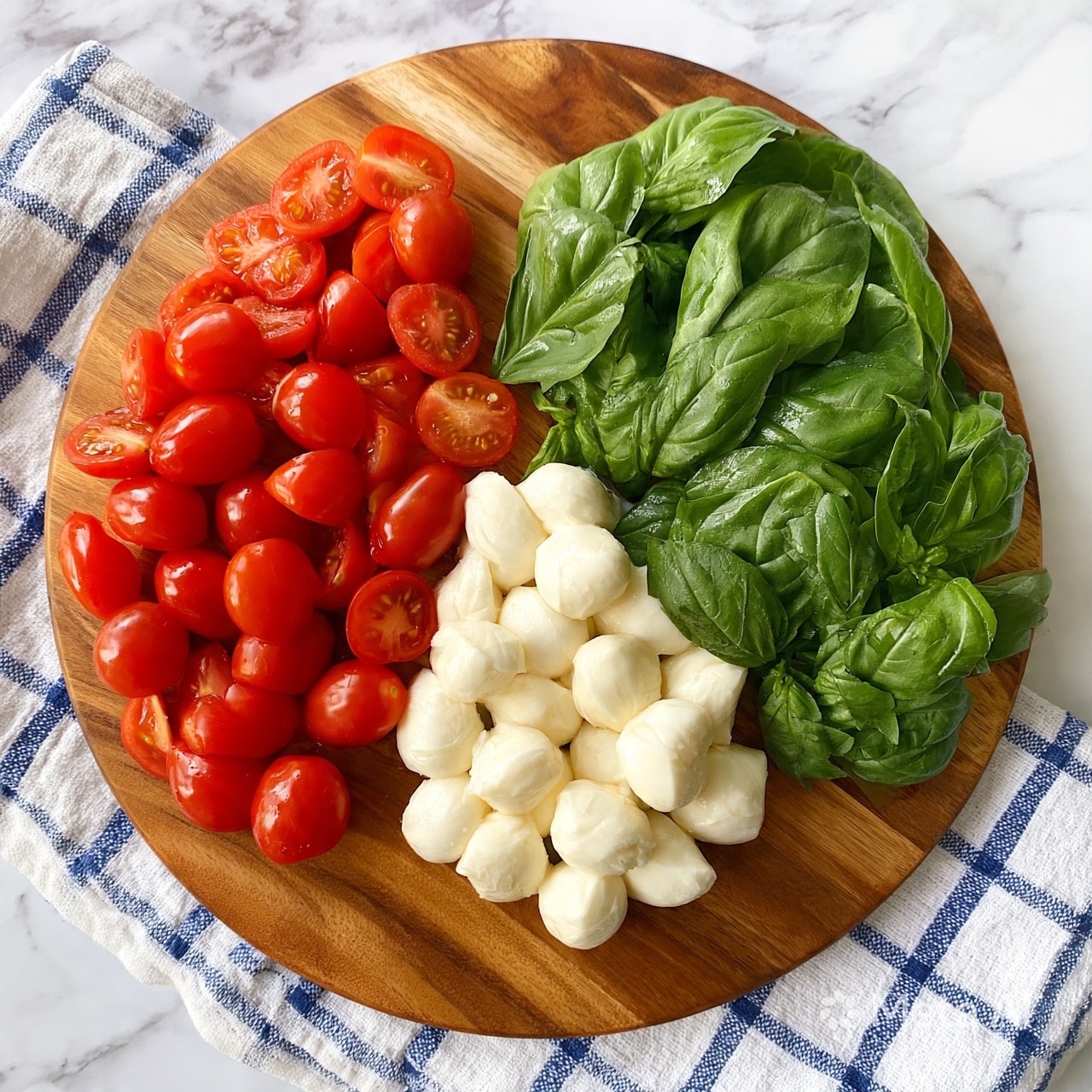 square image A round wooden board holds three groups of fresh ingredients arranged side by side; on the left, bright red cherry tomatoes cut in halves with a shiny surface, in the middle towards the bottom, small white mozzarella balls with a smooth texture, and on the right, a bunch of fresh green basil leaves with a glossy look and visible veins. The board sits on a white cloth with a blue checkered pattern, all placed on a white marbled surface. photo taken with an iphone --ar 4:5 --v 7