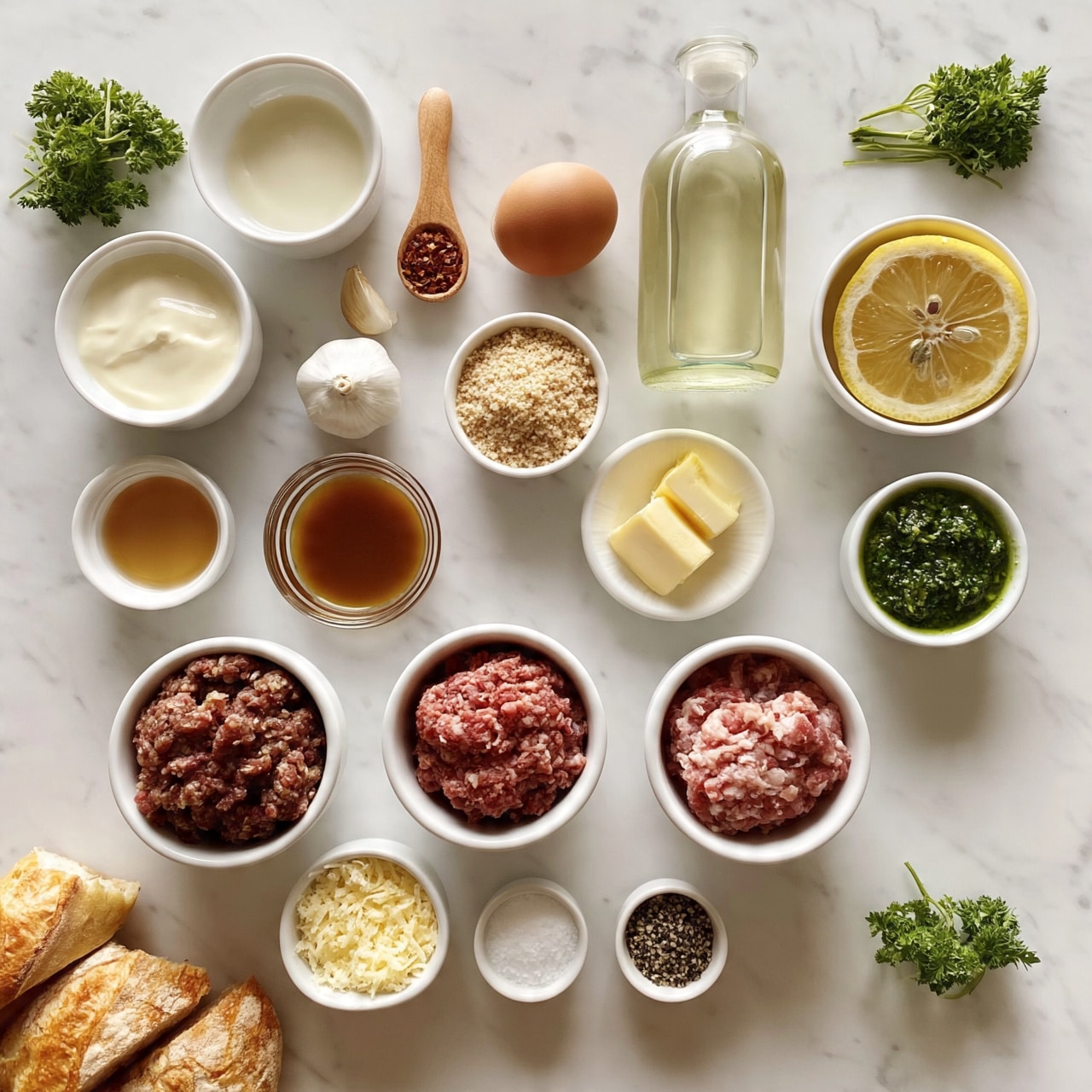 square image The image shows various cooking ingredients arranged neatly on a white marbled surface. From top to bottom, left to right, there is a sprig of parsley, a white bowl with cream, a small wooden spoon with red chili flakes, a brown egg, a clear bottle with light oil, a small head of garlic with two cloves, a white bowl with breadcrumbs, half a lemon with seeds visible, a small white bowl with a light brown liquid, a glass bowl with a darker sauce, a small round white bowl with two blocks of butter, a small white bowl with green pesto sauce, three white bowls with different types of meat including ground beef and pork, a small bowl with grated cheese, a small bowl with salt, a small bowl with crushed black pepper, and three hair or bread pieces in the bottom left corner. Two small bunches of parsley are placed on the top left and bottom right corners. The photo taken with an iphone --ar 4:5 --v 7