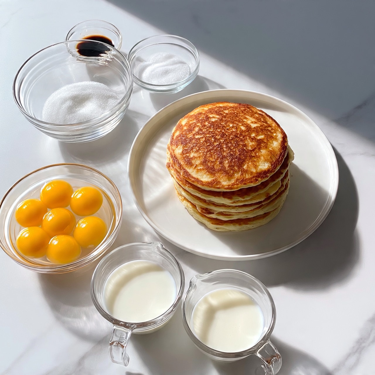 square image A pile of golden brown pancakes stacked on a white plate sits on a white marbled surface. To the left, there is a clear glass bowl holding six raw eggs with bright yellow yolks and clear whites, a smaller clear bowl with white sugar, another tiny bowl with dark vanilla extract, and a very small bowl with white salt. In front, two clear measuring cups hold white milk and white cream, all arranged neatly around the pancakes. Photo taken with an iphone --ar 4:5 --v 7