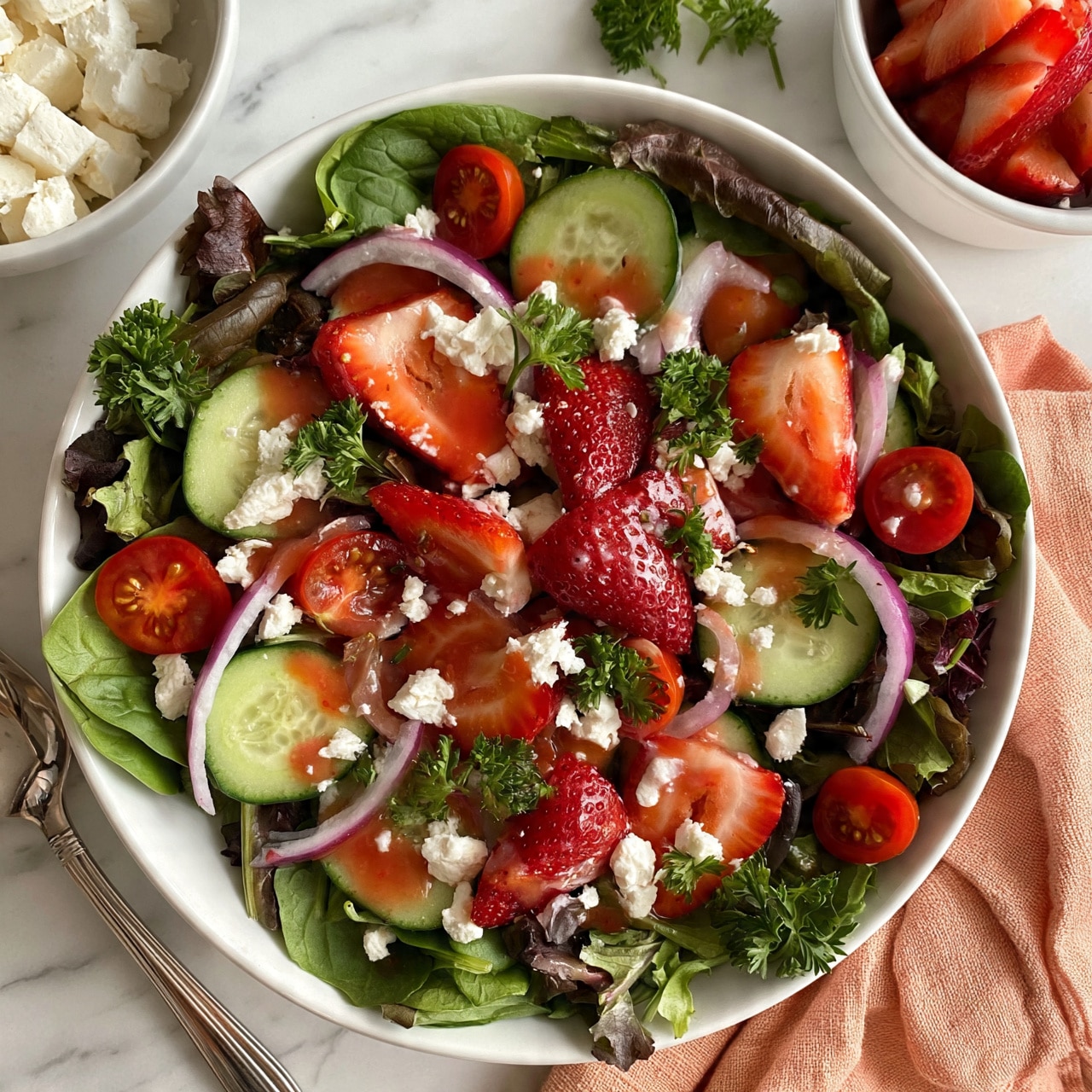 square image A white bowl filled with a fresh salad rests on a white marbled surface. The salad has a base layer of green spinach and mixed leafy greens, on top are sliced red strawberries, green cucumber rounds, halved red cherry tomatoes, thin purple onion rings, and sprigs of parsley scattered across. Small white pieces of crumbly cheese are sprinkled on the salad. A light red dressing is drizzled over the top. Nearby, a white bowl with feta cheese cubes and another white bowl with sliced strawberries are visible. A silver spoon and a folded peach-colored cloth napkin lie beside the bowl. Photo taken with an iphone --ar 4:5 --v 7