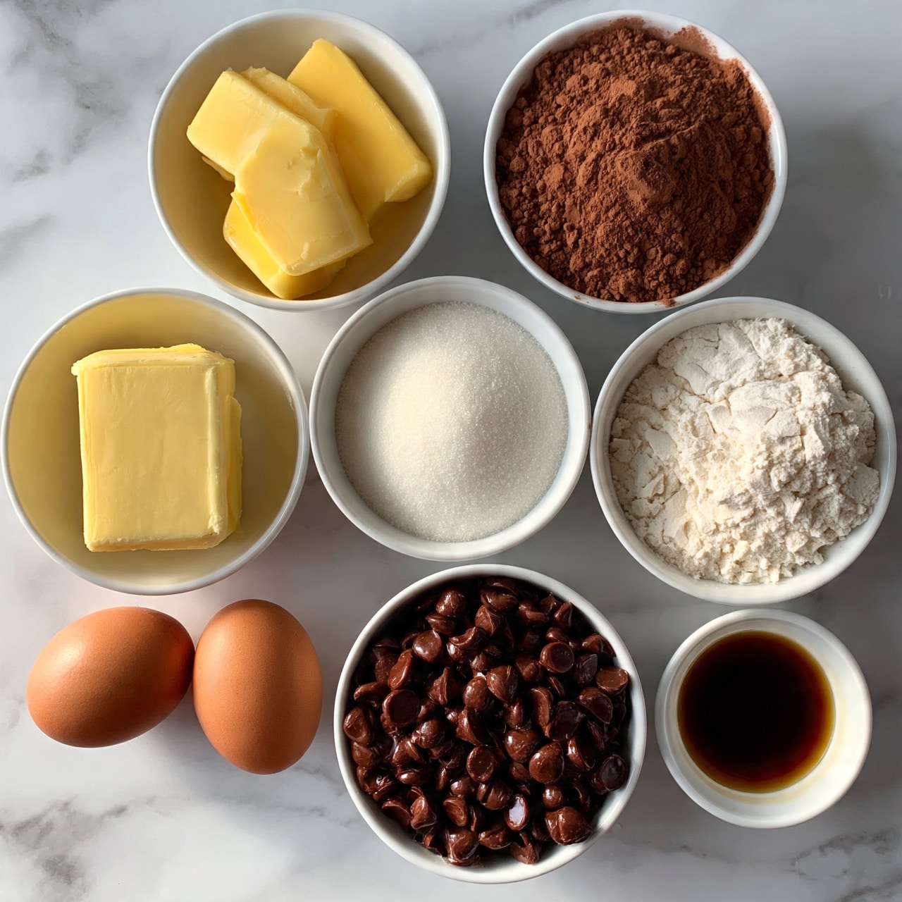 square image The image shows seven white bowls and two eggs on a white marbled surface. One bowl holds three blocks of yellow butter, positioned near the top left. Next to it on the right is a bowl filled with brown cocoa powder, dry and powdery in texture. Below the cocoa powder, there is a bowl with a fine, white powder, likely sugar, and next to that is a bowl containing flat white flour. Below the butter bowl, two brown eggs rest side by side on the surface. Below the eggs, another bowl is filled with small, dark chocolate chips, shiny with a smooth texture. At the bottom right, a smaller bowl contains dark amber vanilla extract, glossy and liquid. The arrangement is neat and evenly spaced. Photo taken with an iphone --ar 4:5 --v 7