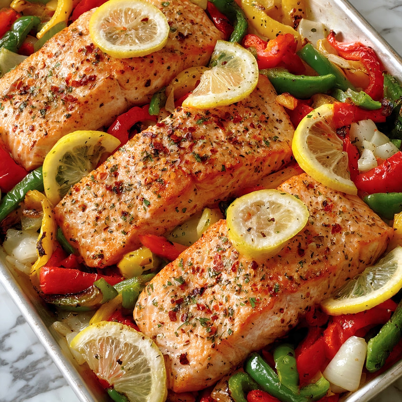 square image Four grilled salmon fillets are arranged in a slightly diagonal line on a sheet pan, each with a golden, slightly crispy surface sprinkled with herbs and red chili flakes. Thin lemon slices rest on the top and around the fillets, adding a fresh, pale yellow contrast. Surrounding the salmon is a colorful mix of roasted bell peppers in red, green, and yellow, along with chunks of white onions, all with a lightly charred texture. The background is a white marbled surface. photo taken with an iphone --ar 4:5 --v 7