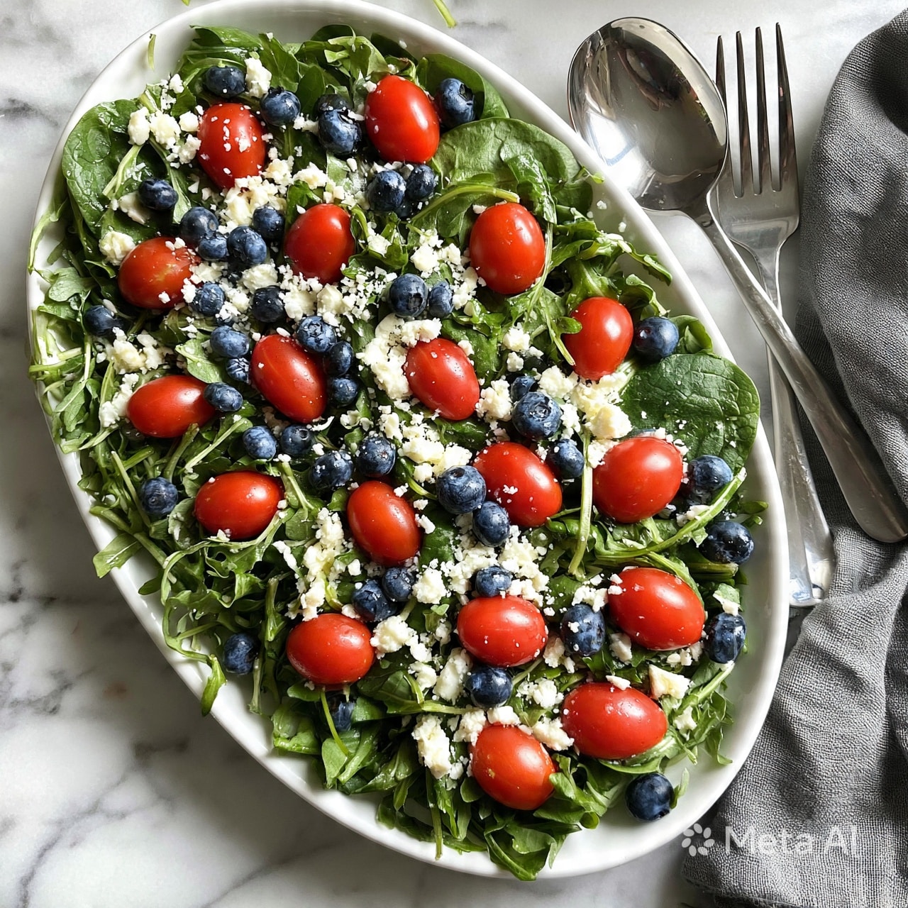 square image The image shows a white oval plate filled with a fresh salad on a white marbled surface. The salad has a base layer of green leafy spinach and arugula mixed together, topped with bright red cherry tomatoes scattered evenly across the greens. Small white pieces of cheese are sprinkled generously over the top, adding a crumbly texture. Blue blueberries are spread throughout the salad, adding contrast to the green and red colors. A silver spoon and fork rest on the right side of the plate, and a gray cloth napkin lies next to them on the white marbled surface. The photo taken with an iphone --ar 4:5 --v 7