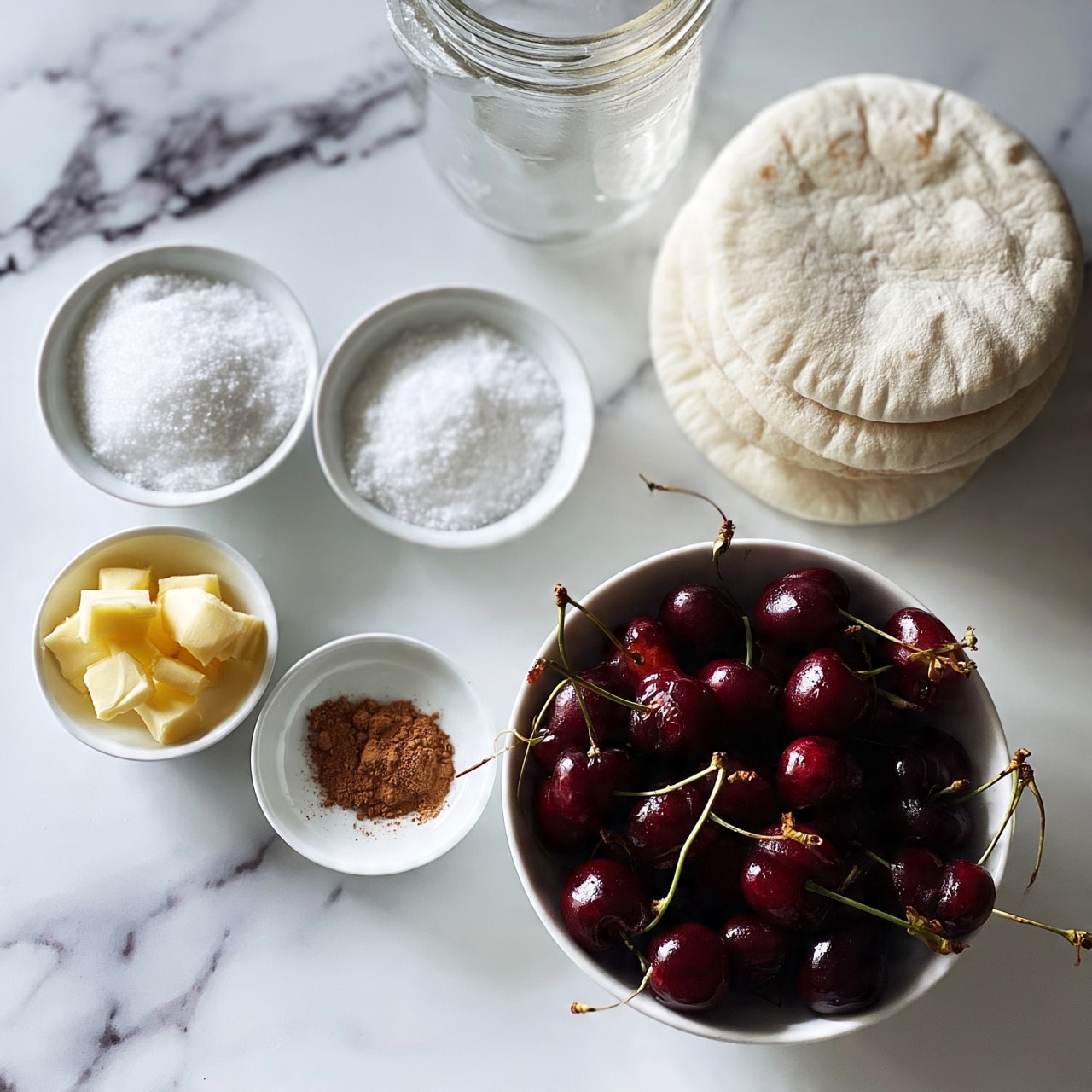 square image A white bowl full of dark red cherries with green stems sits on a white marbled surface. Next to it are four small white bowls, one with white sugar, one with white salt, one with small cubes of yellow butter, and one with a small amount of brown powder, likely cinnamon. To the right of the bowls, there are three stacked round white pita breads. A clear glass jar is placed near the bowls. photo taken with an iphone --ar 4:5 --v 7