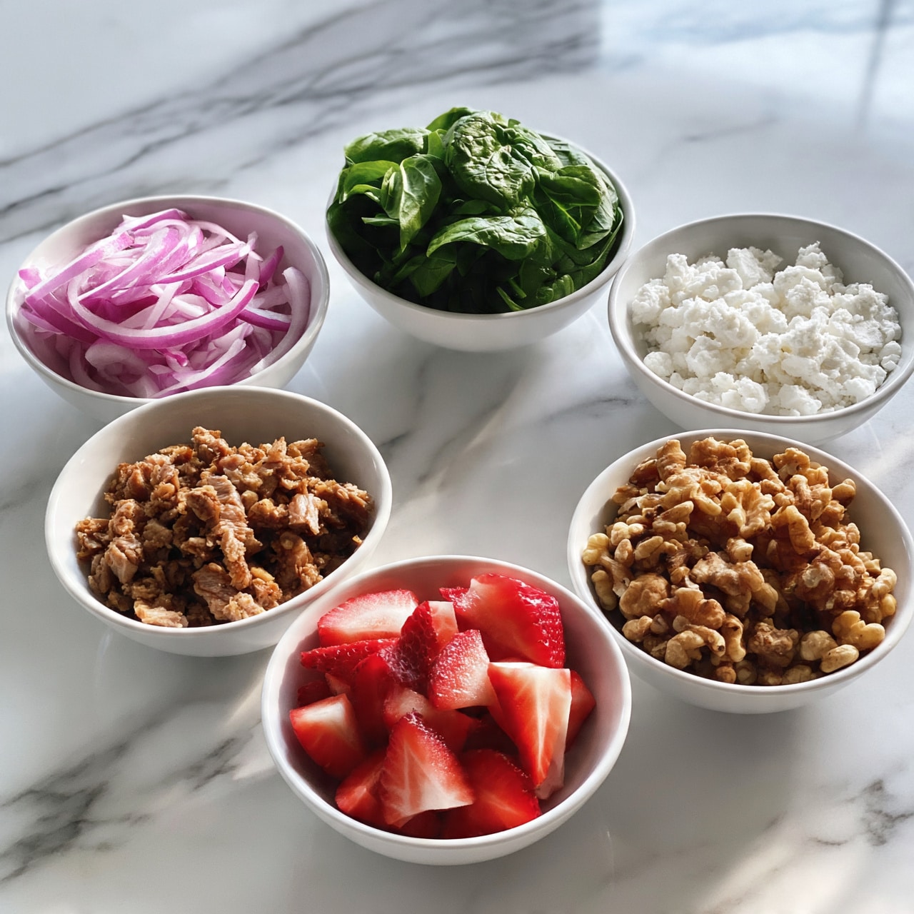 square image The image shows six small white bowls arranged on a white marbled surface. Each bowl contains a different food ingredient: bright green leafy spinach, thin slices of purple onion, small white crumbled cheese, chopped cooked meat in a brownish tone, sliced fresh red strawberries, and crunchy brown walnuts. The bowls are spaced neatly, with the spinach bowl placed near the top center, onion on the left, cheese on the right, cooked meat and strawberries in the front center, and walnuts on the front right. The colors are bright and fresh, the textures range from leafy to crunchy to soft. photo taken with an iphone --ar 4:5 --v 7