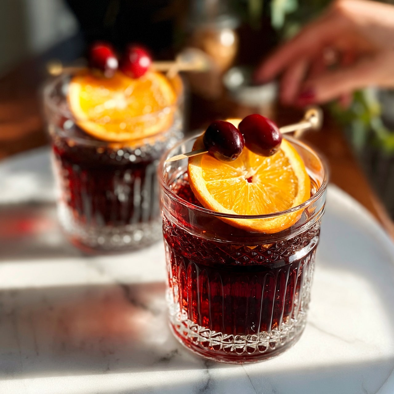 square image Two clear textured glasses filled with dark red liquid are placed on a white marbled surface. Each glass is topped with an orange slice spearheaded by a wooden pick holding two dark red cranberries. In the background, a blurry woman's hand reaches toward the right side, with a small jar and green plants also slightly visible. The colors are warm and rich, giving a fresh and festive vibe. photo taken with an iphone --ar 4:5 --v 7