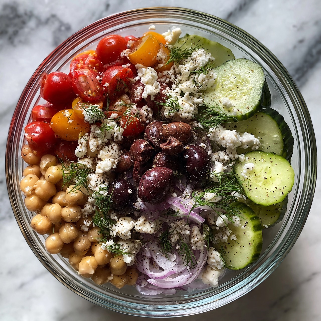 square image A clear glass bowl with a salad sitting on a white marbled surface. The salad has five visible layers: at the bottom left, beige chickpeas; next to them, red and orange halved cherry tomatoes; in the center, dark purple Kalamata olives mixed with thin slices of light purple red onion; and on the right, round light green cucumber slices with dark green skin. White crumbles of feta cheese are sprinkled on top of all layers along with fresh green dill and a light dusting of black pepper. photo taken with an iphone --ar 4:5 --v 7