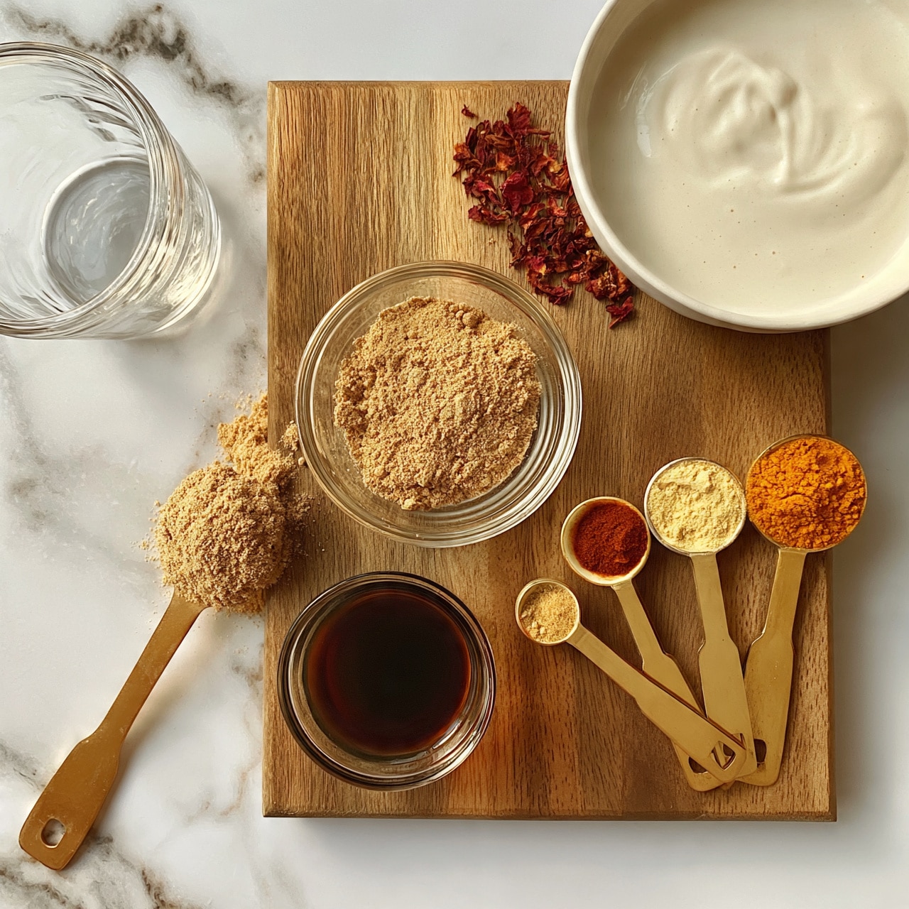 square image A wooden board is placed on a white marbled surface holding various ingredients. In the center, there is a clear glass bowl filled with light brown powder. Below it, a small glass bowl contains dark brown liquid. To the right, three golden measuring spoons hold three different powders: a reddish-brown one, a pale yellow one, and a bright orange one, all lined up in a row. Near the top right side of the board, a white bowl is filled with a smooth white liquid. Some small reddish dried petals are scattered next to this bowl. On the left side of the board, a golden spoon loaded with the light brown powder rests on the surface next to a clear empty glass cup. photo taken with an iphone --ar 4:5 --v 7