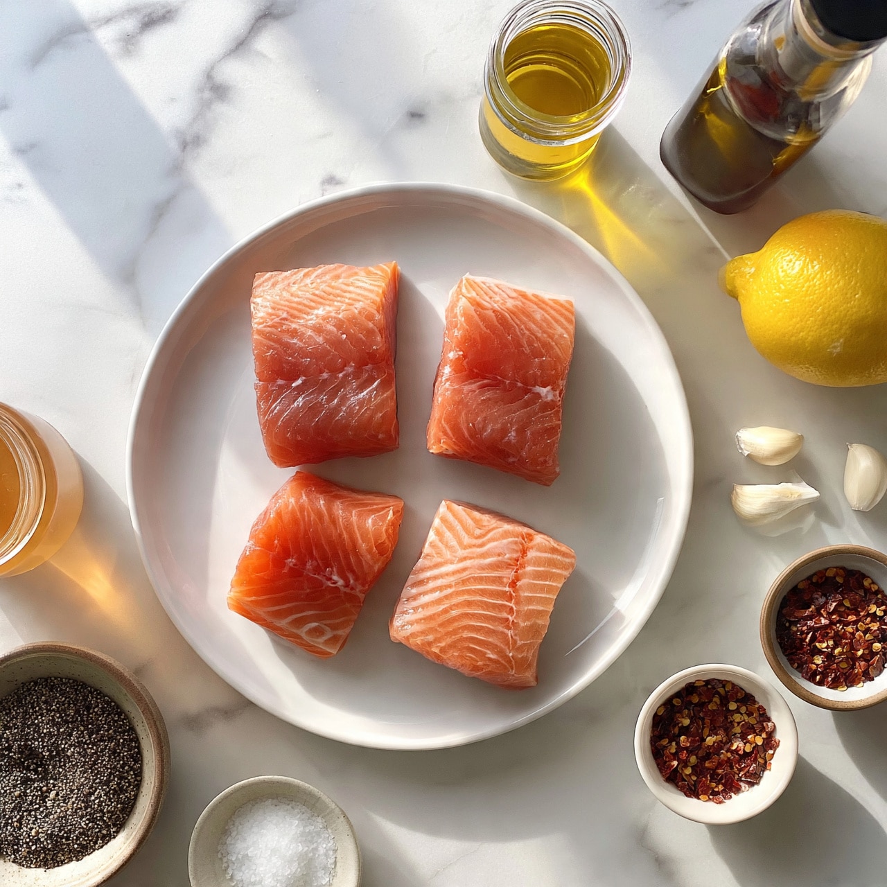 square image The image shows four pieces of raw salmon with a pink-orange color and moist texture, placed on a white plate at the center. Surrounding the plate are small jars and bowls with cooking ingredients: a small jar of golden yellow oil at the top right, a bottle with dark brown liquid below it, a lemon with a bright yellow peel to the right side, three small white garlic cloves near the lemon, a small bowl of red chili flakes below the garlic, a bowl of coarse black pepper at the bottom left, a small bowl of white salt next to the pepper, and a jar of light amber honey near the salt. The scene is set on a white marbled surface, with soft natural lighting highlighting the freshness of the ingredients. Photo taken with an iphone --ar 4:5 --v 7
