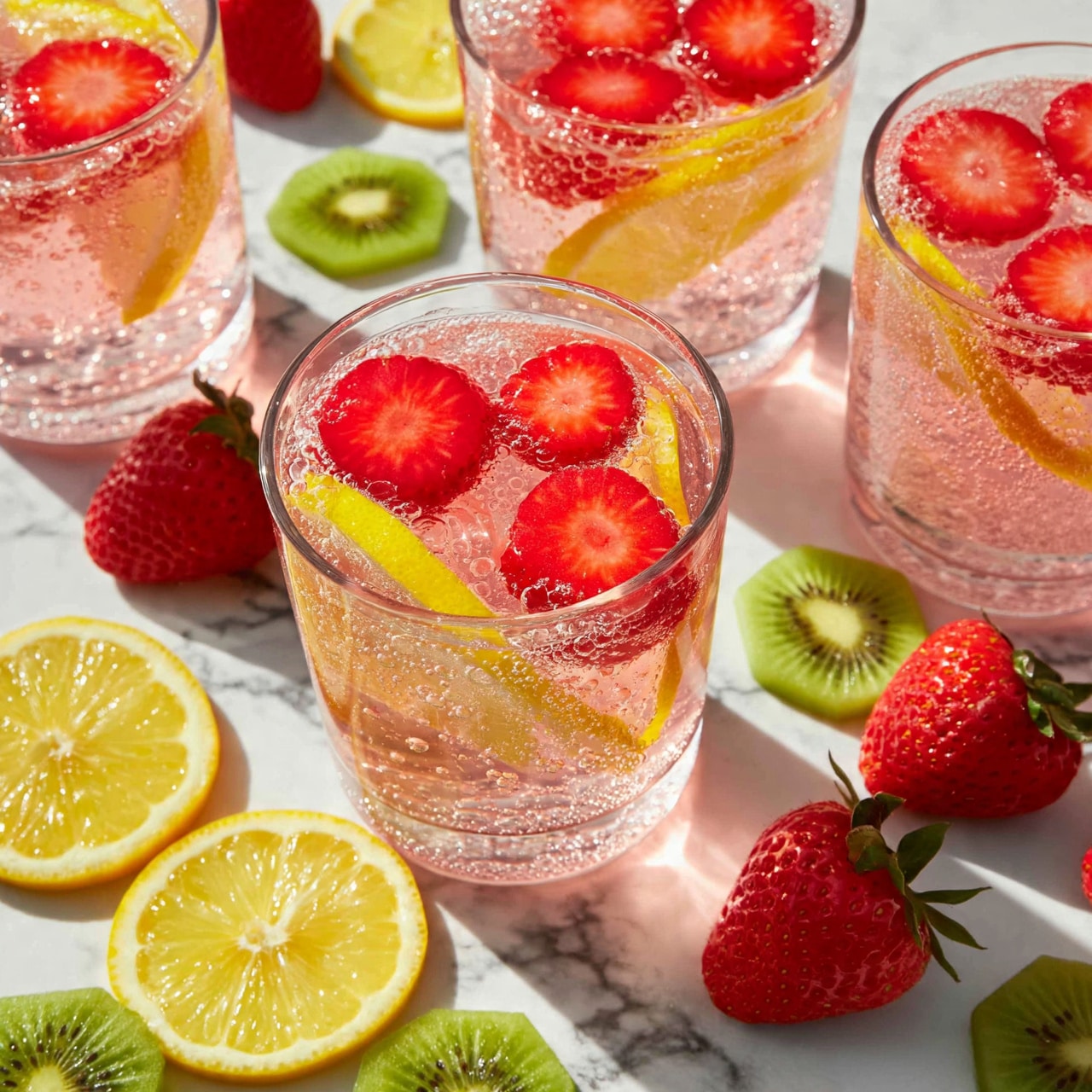 square image Three clear glasses filled with a pink bubbly drink are arranged on a white marbled surface scattered with bright yellow lemon slices, whole strawberries, and green kiwi slices. Each glass has round red strawberry slices floating on top and thin yellow lemon wedges inside, visible through the transparent liquid. The colors of red, yellow, and green contrast with the white marbled surface, and the glasses show bubbles rising from the drink, adding texture. The setup looks fresh and lively with natural light highlighting the fruits and drink. photo taken with an iphone --ar 4:5 --v 7