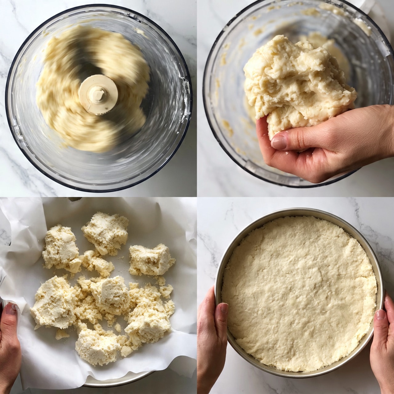 square image A clear food processor bowl is shown in motion mixing a pale yellow dough. In the next frame, a woman's hand holds a sticky clump of dough inside the processor. Below, a baking pan lined with white parchment paper holds scattered chunks of dough with crumbly texture. In the last image, the dough is pressed flat and smooth into an even layer inside the pan, held by two hands at the sides, all on a white marbled surface. Photo taken with an iphone --ar 4:5 --v 7