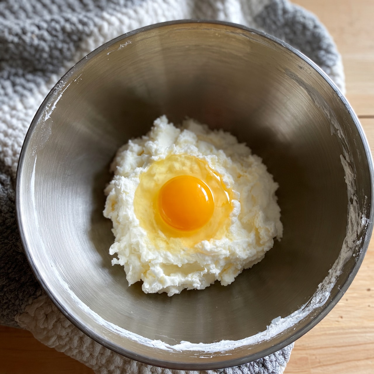 square image In a large round metal bowl with a smooth, shiny texture, there is a small pile of white, creamy solid at the center. On top of this white base sits a bright yellow raw egg yolk with the clear egg white around it. The bowl edges show some white residue from mixing. The bowl is set on a light wooden surface partially covered by a grey and white textured cloth. Photo taken with an iphone --ar 4:5 --v 7