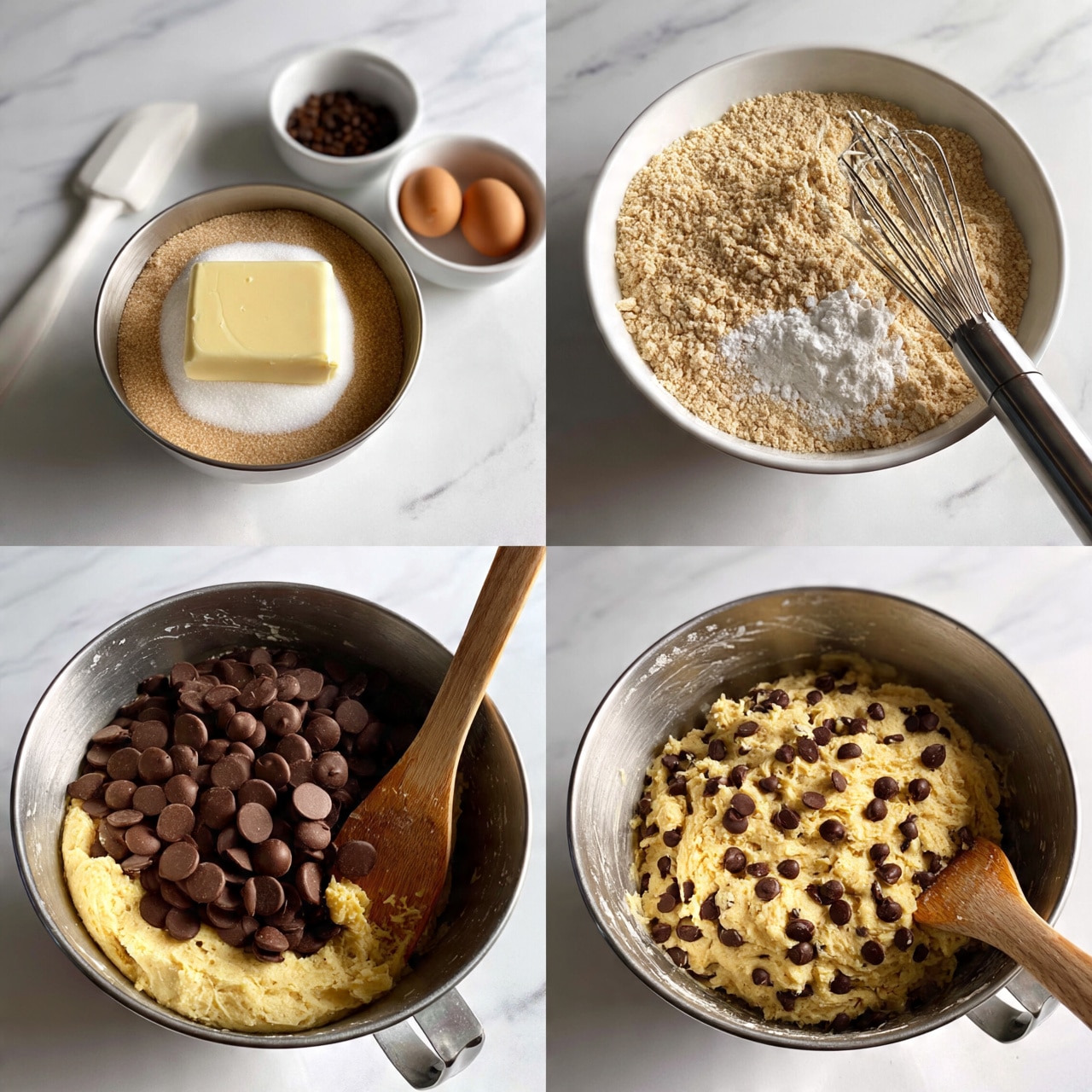 square image The image shows four steps of making cookie dough on a white marbled surface. The first image has a silver mixing bowl with layers of light brown sugar, white sugar, and a pale yellow block of butter on top, with a white spatula and two small white bowls nearby, one with coffee beans and the other with two cracked eggs. The second image shows a white bowl filled with a light tan flour mixture, some white powder and a metal whisk resting in it. The third image features a silver mixing bowl containing pale yellow dough with a large pile of dark brown round chocolate pieces on top, and a wooden spatula with a bit of dough on it resting inside the bowl. The fourth image shows the same silver mixing bowl with the dough mixed well, dotted with dark brown chocolate pieces and the wooden spatula partially submerged in the dough. Photo taken with an iphone --ar 4:5 --v 7