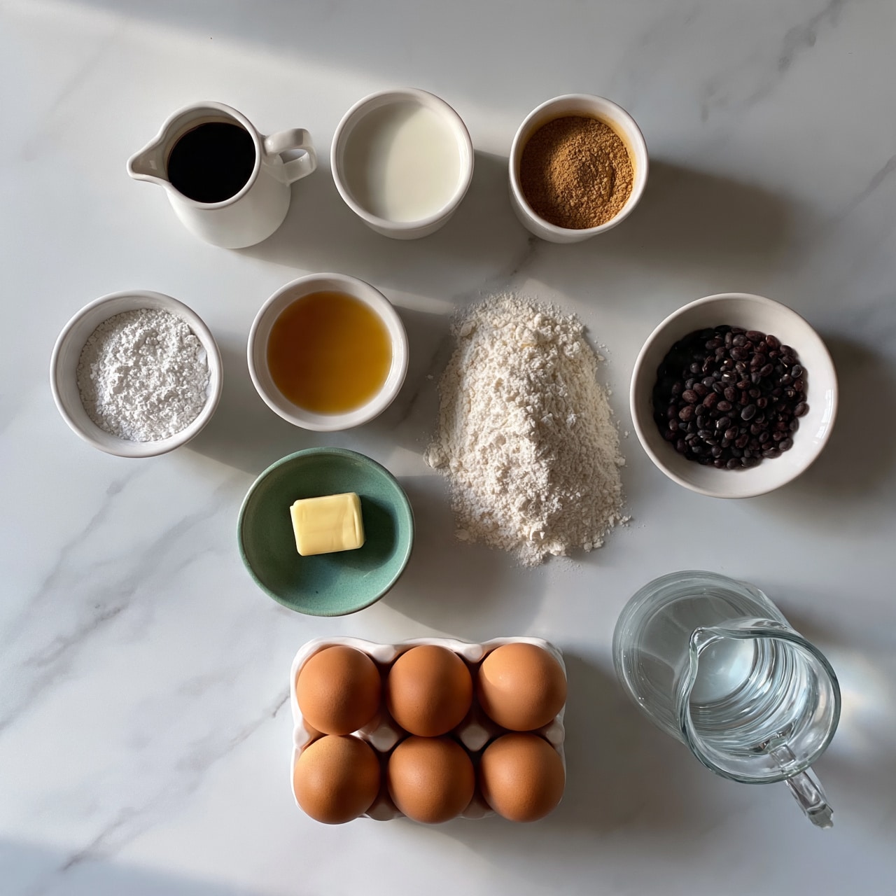 square image The image shows eleven ingredients arranged neatly on a white marbled surface. At the top left is a small white pitcher with dark liquid inside, next to a white cup filled with milk, followed by another white cup with a brownish powder. Below those are a small white bowl with white powder, a white bowl with a golden liquid, and a green bowl with a small yellow square of butter. In the middle is a heap of white flour, next to a white bowl filled with small dark beans. At the bottom are six brown eggs in a white container, and to the right is a clear glass jug with water. All items are placed carefully and spaced evenly. Photo taken with an iphone --ar 4:5 --v 7