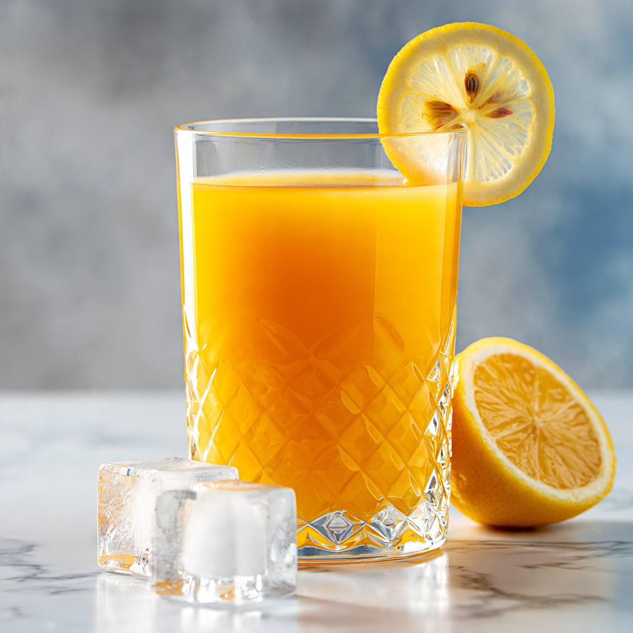 square image The image shows a clear glass filled with bright orange juice. The glass has a textured, diamond pattern on its surface. A thin slice of lemon with visible seeds and pulp is placed on the rim of the glass. In front of the glass, two ice cubes with clear, smooth edges rest on a white marbled surface. A half lemon is positioned on the right side of the glass, showing its yellow rind and juicy interior. The background is a soft, slightly blurred gray to blue color. Photo taken with an iphone --ar 4:5 --v 7