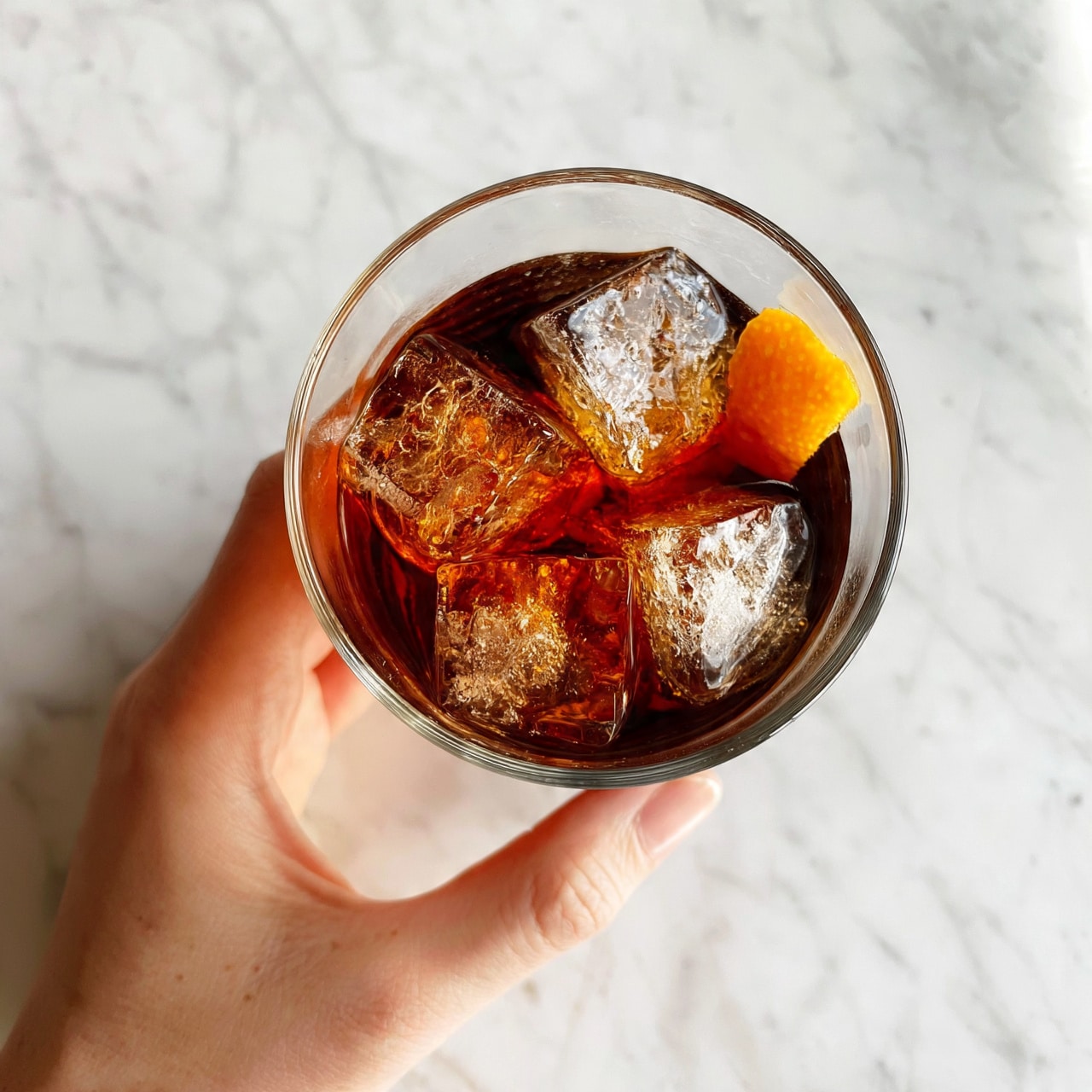 square image A clear glass filled with dark brown liquid and several ice cubes stacked inside it, with a small orange peel on the rim as a garnish. A woman's hand is gently holding the glass near the bottom. The background is white marbled texture. photo taken with an iphone --ar 4:5 --v 7
