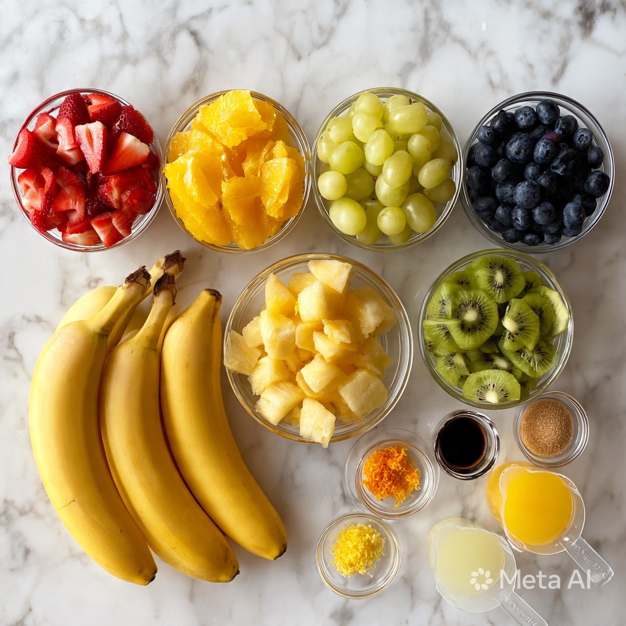 square image The image shows an overhead view of various fresh fruits and ingredients neatly arranged on a white marbled surface. On the top row from left to right, there are four clear glass bowls filled with sliced red strawberries, bright yellow orange segments, light green grapes, and dark blue blueberries. Below the strawberries and orange segments are three yellow bananas placed side by side. Next to the bananas is a clear bowl with light yellow pineapple chunks, followed by another clear bowl holding green kiwi slices with visible black seeds. On the bottom right, there are three small clear bowls with orange zest, lemon zest, and dark vanilla extract, alongside two measuring cups containing yellow-orange juice and light lemon juice, and a small bowl of brown sugar. The items are all well spaced, creating a clean and fresh look. photo taken with an iphone --ar 4:5 --v 7
