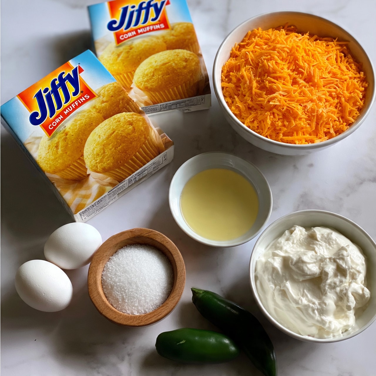 square image Two boxes of Jiffy corn muffin mix with yellow muffins pictured on the front rest on a white marbled surface. To the right is a white bowl filled with bright orange shredded cheese. Below are two white eggs, a small wooden bowl of white sugar, a small white bowl of melted butter, and a larger white bowl with thick white sour cream. Two green jalapeño peppers are placed near the sugar bowl. Photo taken with an iphone --ar 4:5 --v 7