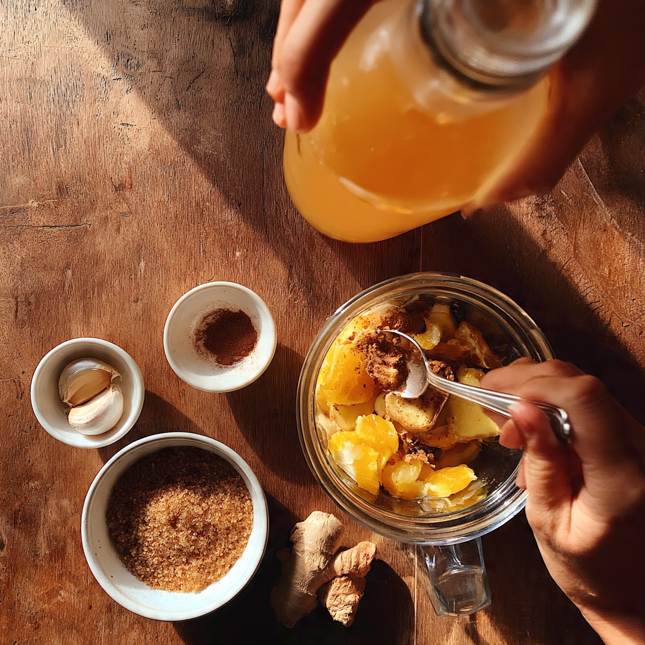 square image In the image, a woman's hand holds a large bottle of light orange apple cider vinegar above a clear blender jar containing peeled orange pieces, sliced ginger, and brown spices. Another woman's hand stirs inside the jar with a silver spoon. Surrounding the jar on a warm brown wooden surface are a small white bowl with two garlic cloves, a larger white bowl filled with brown sugar, and a tiny white bowl with a small amount of ground cinnamon or similar spice. A whole piece of ginger root lies near the garlic. The scene has a cozy and natural feel. photo taken with an iphone --ar 4:5 --v 7