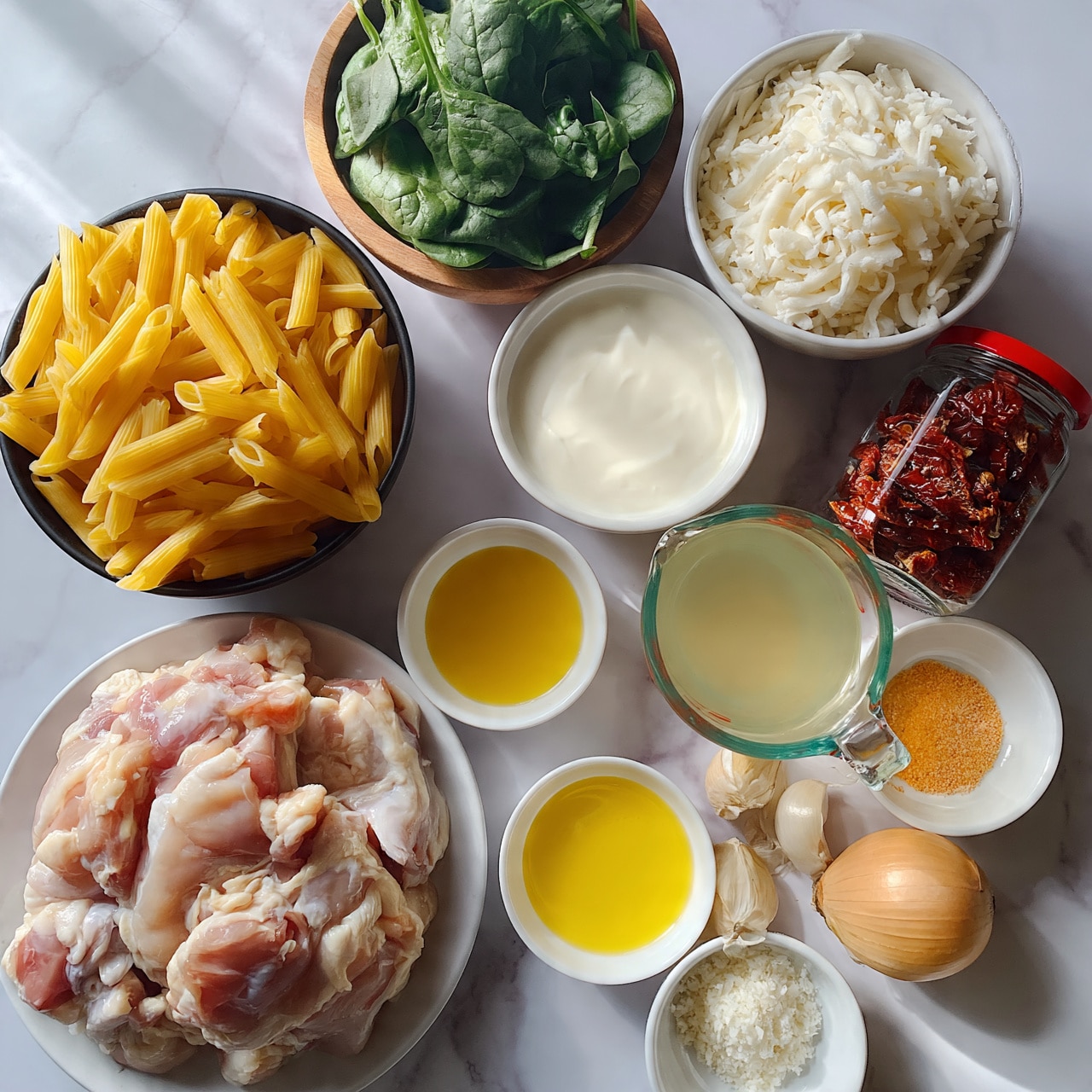 square image The image shows raw chicken pieces placed on a white plate at the bottom left. Above it to the left is a black bowl filled with uncooked yellow penne pasta. Near the top center, there is a wooden bowl with fresh green spinach leaves. To the right, a white bowl contains shredded white cheese. Centered near the top right is a white bowl with cream, and to its left below, a clear glass measuring cup holds light yellow broth. A jar with a red lid of sun-dried tomatoes is placed to the right of the broth. Several small white bowls and dishes with yellow melted butter, light orange seasoning, and grated cheese are scattered around, along with two garlic cloves and one light brown onion on a white marbled surface. photo taken with an iphone --ar 4:5 --v 7