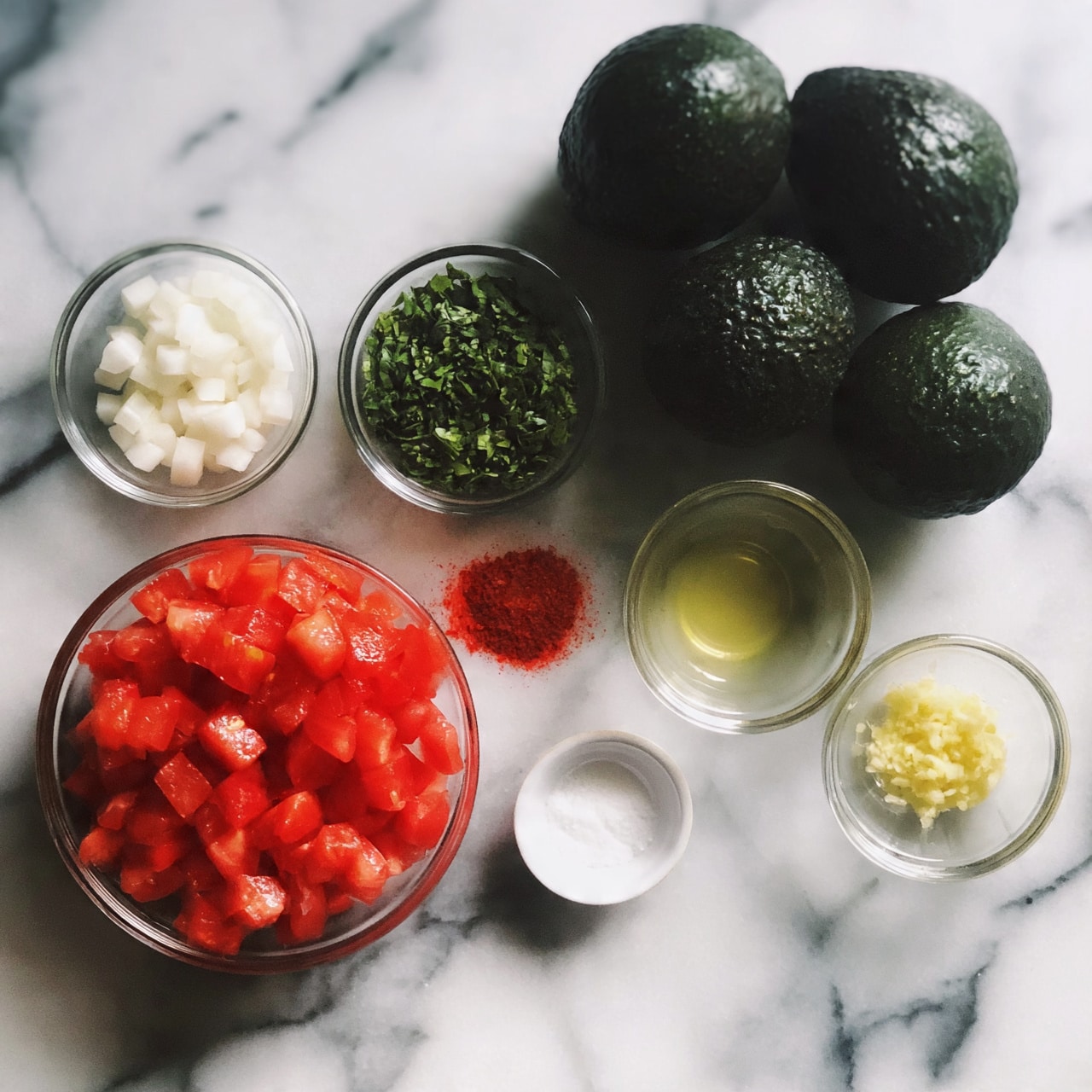 square image The image shows a white marbled surface with small clear glass bowls arranged neatly. There are three whole dark-green avocados positioned toward the top right. Starting from the top left, a bowl holds small white cubed onions, next to it is a bowl filled with chopped green herbs. Below, a larger bowl contains many small bright red tomato pieces. To the right, there is a small bowl with light yellow liquid and another with a minced light yellow ingredient. In the center is a small bowl with red powder, near it is a small white bowl holding salt. The colors are fresh and vibrant with a clean and organized look, photo taken with an iphone --ar 4:5 --v 7