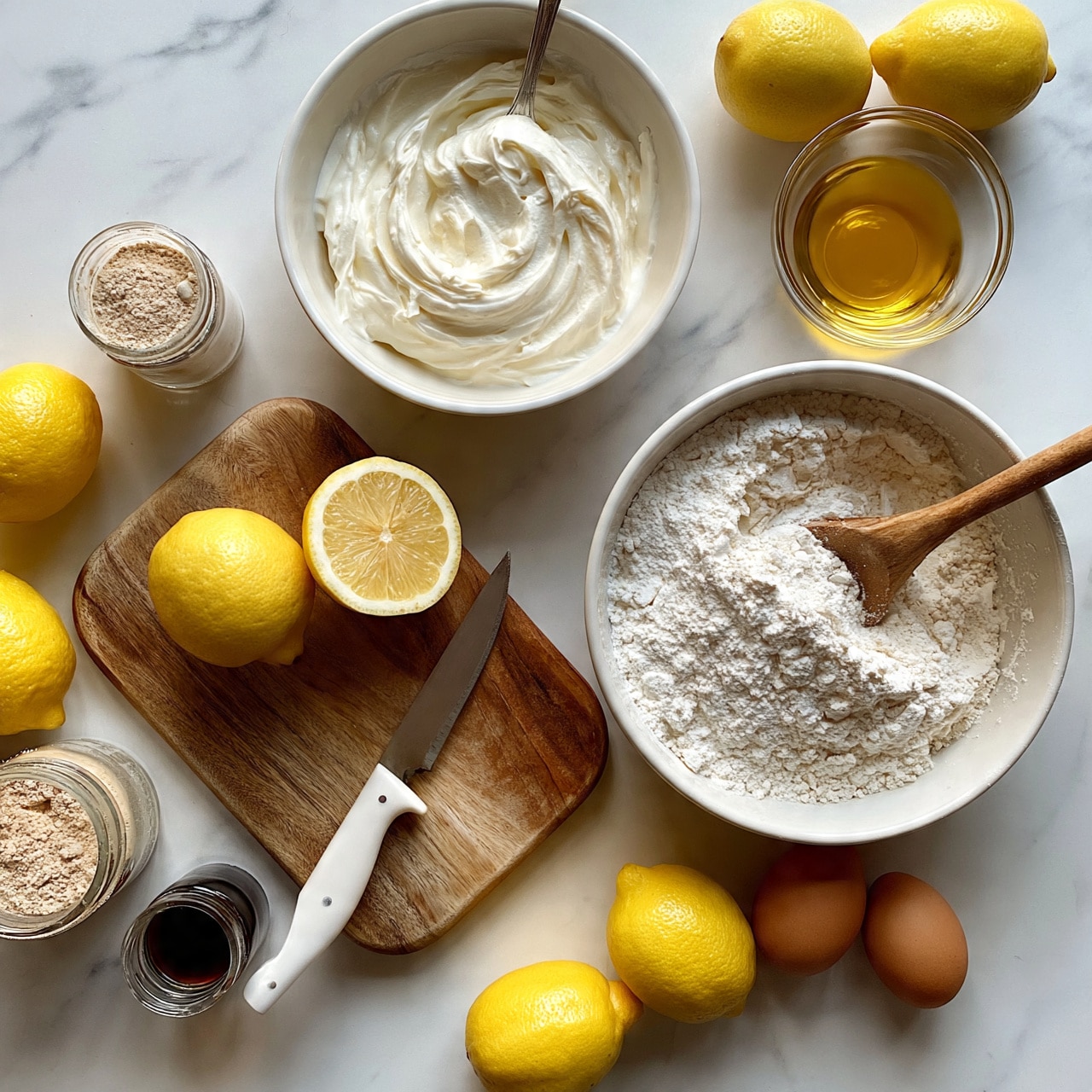 square image The image shows ingredients for a recipe arranged neatly on a white marbled surface. In the top center is a white bowl filled with smooth white cream, with a spoon inside. To the right is a small glass bowl with a golden-yellow liquid, and above it are two whole yellow lemons. In the center right, a white bowl holds white powdery flour mixed with a wooden spoon. At the bottom left, a wooden cutting board has a yellow lemon, half lemon, and a knife with a white handle resting on it. Around the board, there are more whole yellow lemons, a glass jar filled with light brown powder, a small glass container with a dark liquid, and two brown eggs with one standing upright. The setup is clean and bright, showing a fresh and ready-to-use collection of ingredients. Photo taken with an iphone --ar 4:5 --v 7