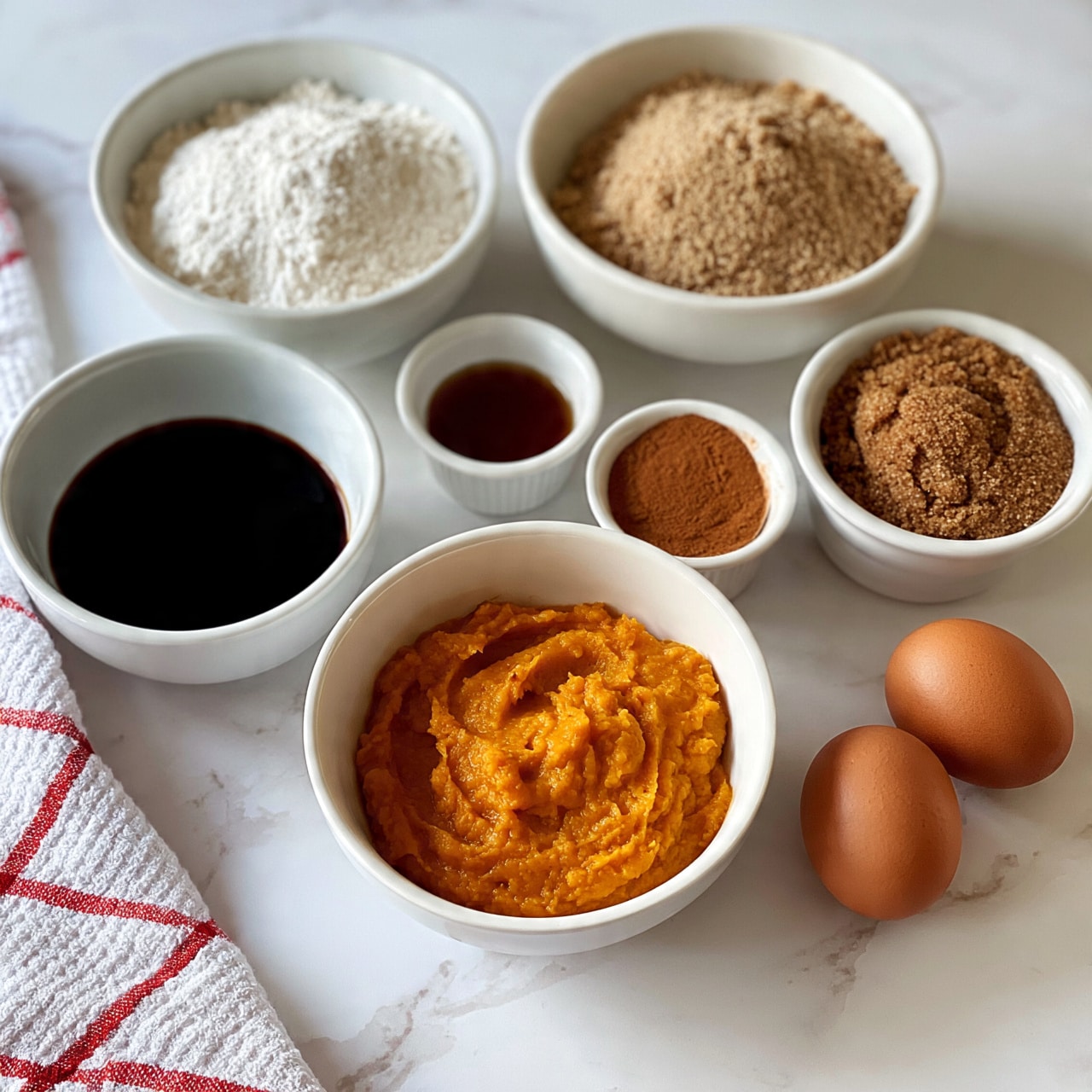 square image The image shows a white marbled surface with several white bowls and small cups arranged neatly. There is one bowl with smooth orange pumpkin puree in the center. Surrounding it are other bowls with ingredients including white flour, brown sugar, dark brown molasses, and small cups with vanilla extract and cinnamon powder. Two whole brown eggs are placed on the surface next to the bowls. A white and red checkered cloth is partly visible on the left side. The scene looks clean and organized, ready for baking. Photo taken with an iphone --ar 4:5 --v 7