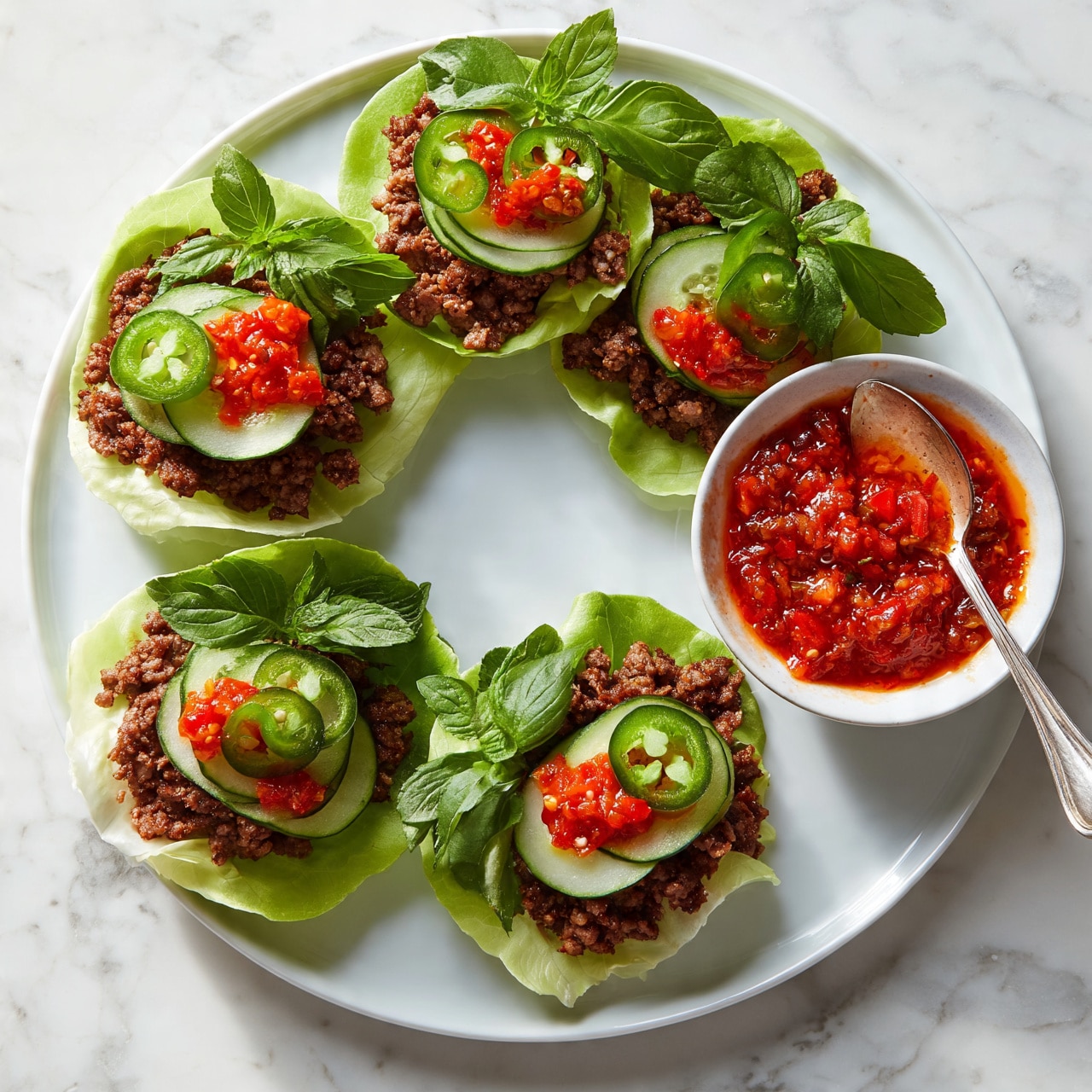 square image A white plate sits on a white marbled surface holding six lettuce cups arranged in a circle. Each cup has a light green lettuce leaf base, filled with crumbly brown cooked meat. On top of the meat are thin cucumber slices, bright red chili sauce, green jalapeño slices, and fresh green mint and basil leaves. To the right side of the plate is a small white bowl filled with chunky red chili sauce, with a silver spoon resting inside, showing some sauce on the spoon. Photo taken with an iphone --ar 4:5 --v 7