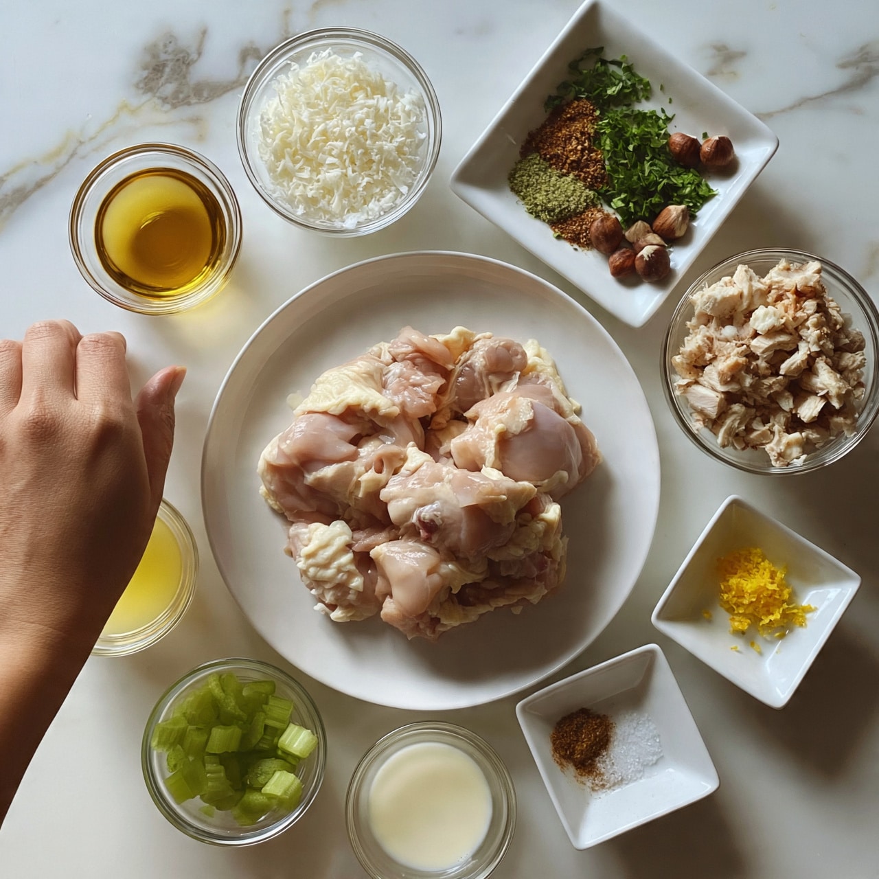 square image The image shows a white plate in the center with raw pink chicken pieces, surrounded by small clear glass bowls and white square dishes containing different ingredients. From the top left going clockwise, there is a small glass bowl with a golden yellow liquid, a glass bowl with white shredded cheese, a white square dish holding chopped green herbs, brown and green spices, as well as a few hazelnuts, followed by a glass bowl with chopped cooked chicken pieces. Below that, there is a small glass bowl with a yellow liquid, a small bowl with chopped green celery, a small bowl with a creamy white liquid, a small pile of orange zest, and a small white dish with a brown spice and some salt. Everything is placed on a white marbled surface with a woman's hand reaching in from the left side. Photo taken with an iphone --ar 4:5 --v 7