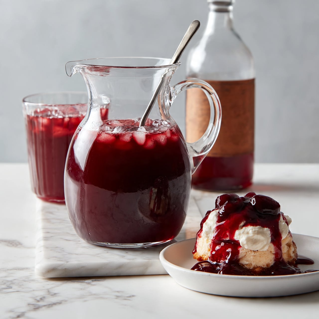 square image A clear glass pitcher filled with deep red cherry juice, with small ice cubes floating on top and a metal spoon sticking out. Behind it, there is a glass filled with the same red drink, and a tall glass bottle with a brownish label. In front and to the right, a white plate holds a dessert topped with a whipped cream layer and dark red cherry sauce dripping over it. All items are placed on a white marbled surface with a light gray background. photo taken with an iphone --ar 4:5 --v 7