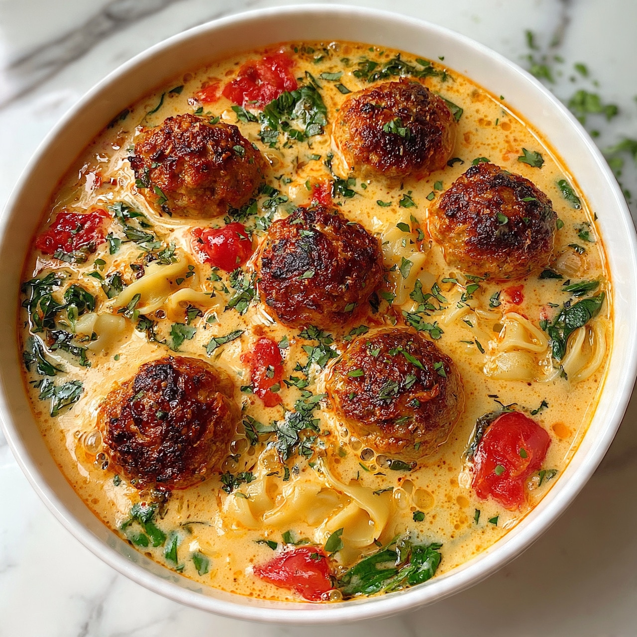 square imageThis image shows a creamy soup with six round meatballs that have a browned, slightly crispy surface. The soup is light orange with visible small bubbles and contains pieces of pale yellow noodles, bright red tomato chunks, and dark green spinach leaves, scattered evenly throughout. Fresh chopped green herbs are sprinkled on top, adding a fresh touch. The soup is served in a white bowl placed on a white marbled surface. Photo taken with an iphone --ar 4:5 --v 7