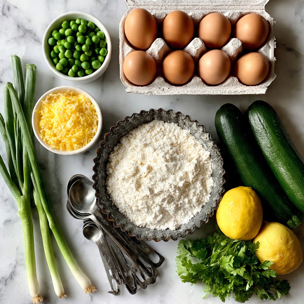 square image The image shows several fresh ingredients arranged neatly on a white marbled surface. On the left, there are three green onions standing upright next to a small white bowl filled with grated yellow cheese. Above that, a small white bowl holds bright green peas. Near the center, a rustic dark gray tart tin is filled with white flour, beside which lies a set of metal measuring spoons. Above it, a white cardboard container holds six brown eggs arranged in two rows of three. To the right, two smooth dark green zucchinis rest next to a whole yellow lemon and a small bunch of fresh green parsley leaves. The scene is well-lit and captures the natural colors and textures of the ingredients. photo taken with an iphone --ar 4:5 --v 7