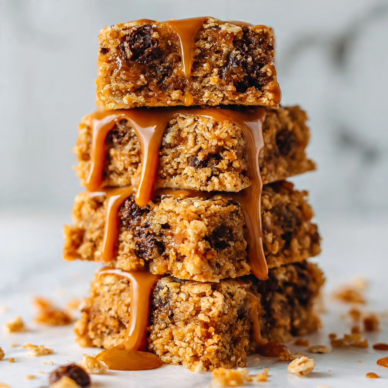 square image A stack of four square oat bars with visible chocolate chips and caramel dripping on the sides, each bar showing a crumbly oat texture mixed with soft caramel and dark chocolate pieces. The bars have a golden-brown color with caramel smoothly flowing down from the top to the bottom, sitting on a white marbled surface scattered with small oat crumbs and caramel bits, with a blurred white background. photo taken with an iphone --ar 4:5 --v 7square image