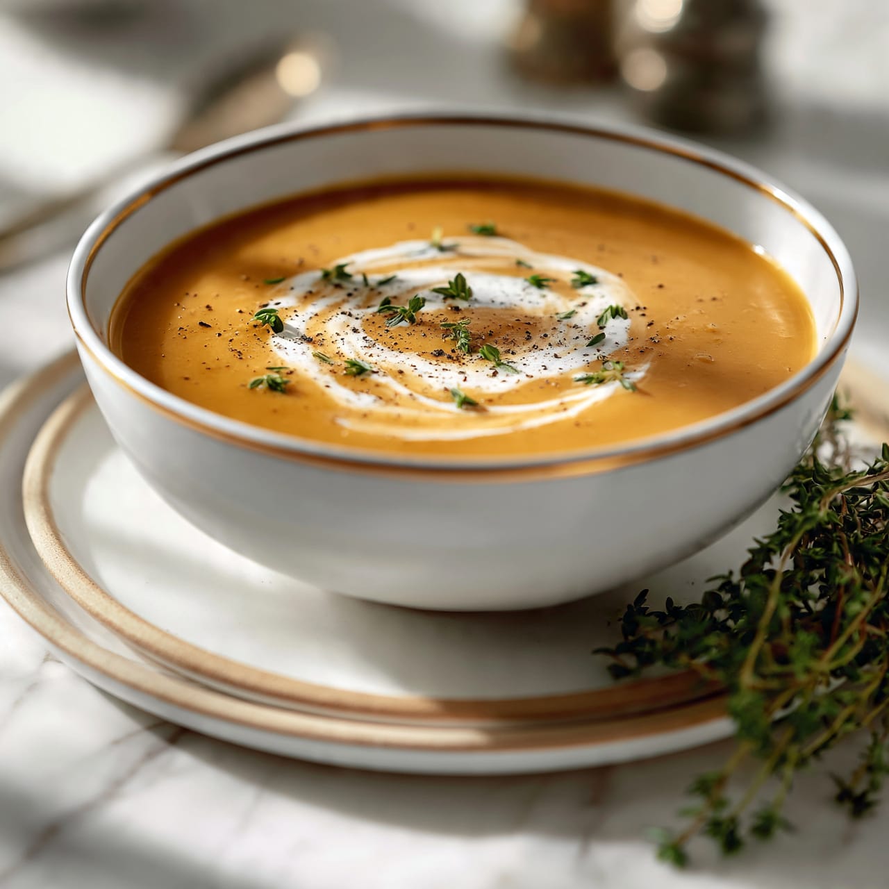 square image A white bowl with a thin gold rim holds smooth, creamy orange soup. There is a swirl of white cream on top, mixed with small green thyme leaves and a light sprinkle of black pepper. The bowl sits on a white plate with a light brown rim, placed on a white marbled surface. Fresh thyme sprigs lie beside the plate, and a blurred spoon and pepper container are seen in the background. The lighting is soft and natural, highlighting the soup’s texture and colors photo taken with an iphone --ar 4:5 --v 7